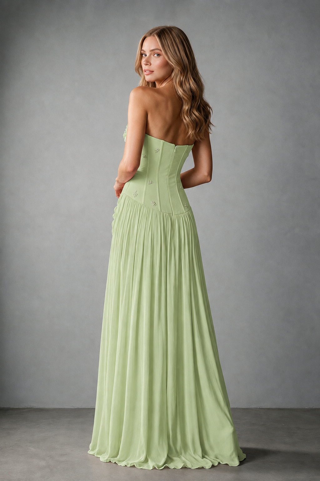 BOLODOO Sage Green Strapless Floral Appliqué Evening Gown - Sage Green
