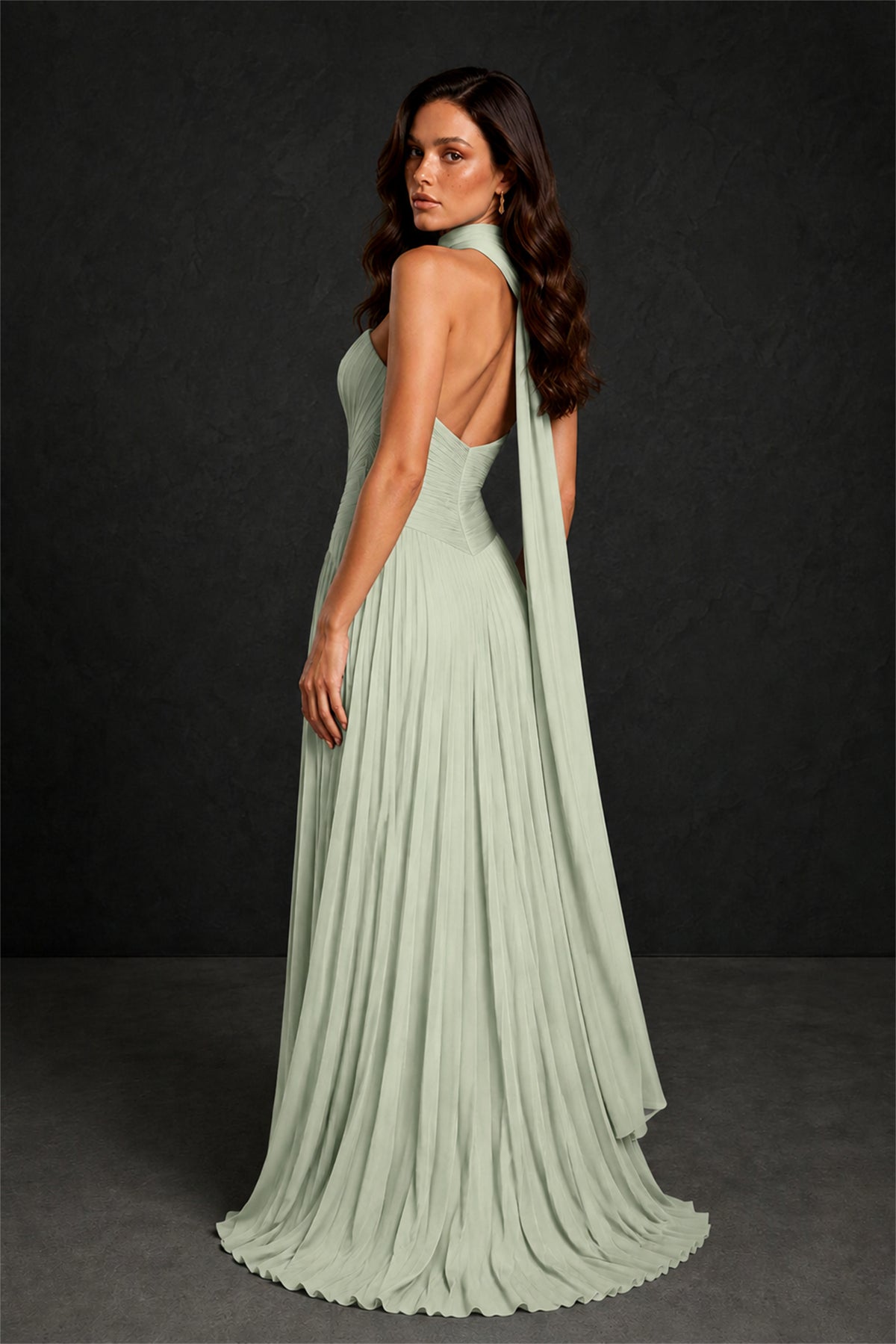BOLODOO Sage Green Sweetheart Strapless Neck Scarf Pleated Backless A-Line Chiffon Maxi Dress - Sage Green