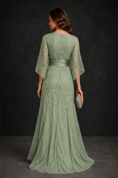 BOLODOO Sage Green Bateau Neck Bell Sleeve Sequin Embroidered Satin Waist A-Line Maxi Dress - Sage Green