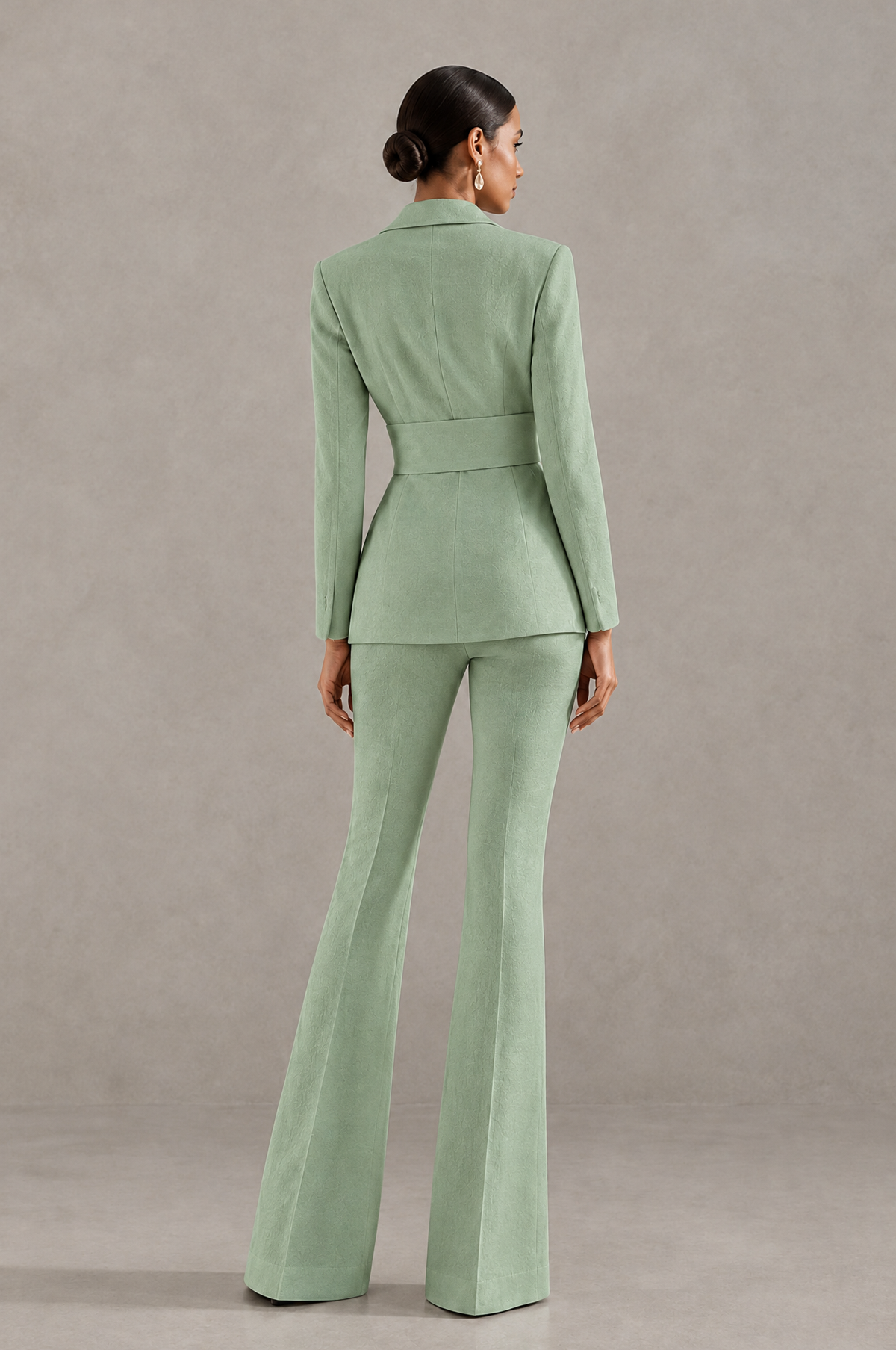 BOLODOO Sage Green Two-Piece Pantsuit with Tailored Blazer & Flared Pants - Sage Green - Sage Green (2)