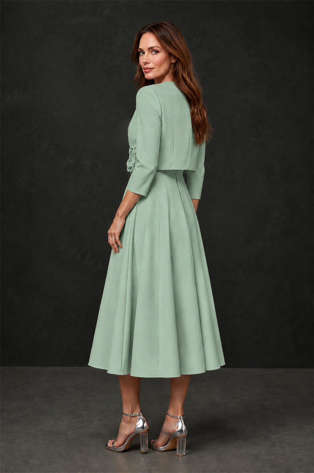 BOLODOO Sage Green 3D Rosette Appliqué 3/4 Sleeve Jacket & V-Notch Sleeveless A-Line Tea-Length Two-Piece Dress Set - Sage Green