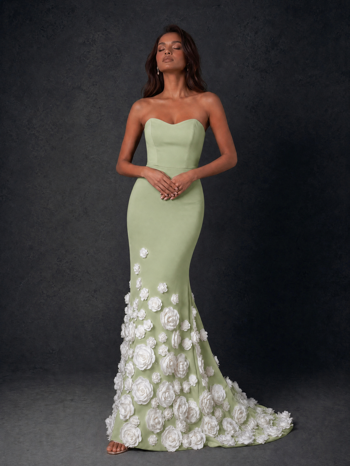 BOLODOO Sage Green Sweetheart Strapless Crepe Mermaid Gown with Sage Green 3D Rose Floral Appliqué Skirt and Open Back - Sage Green