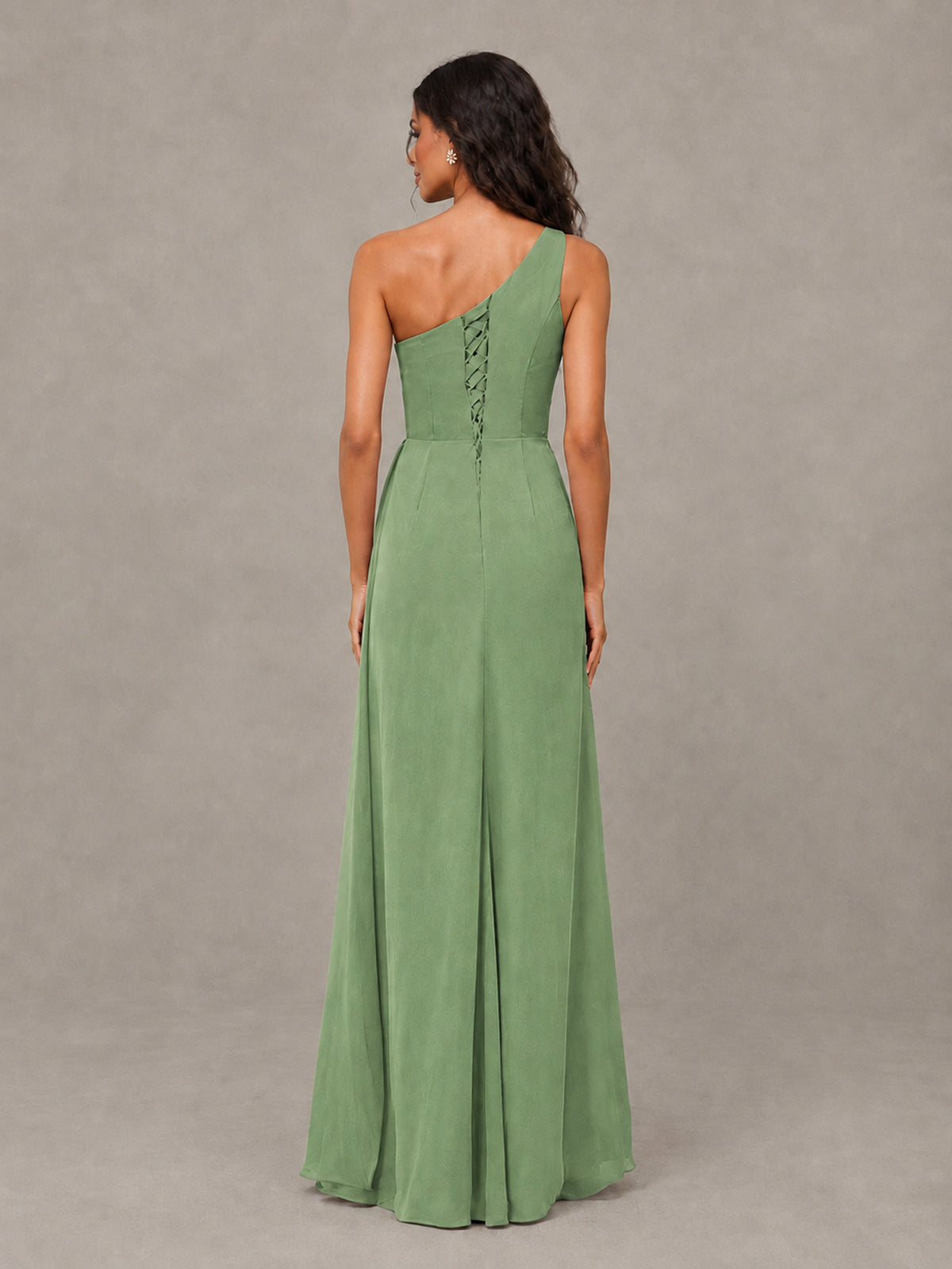 BOLODOO Sage Green One-Shoulder Chiffon Bridesmaid Dress with Ruched Bodice & High Slit - Sage Green - Sage Green (2)