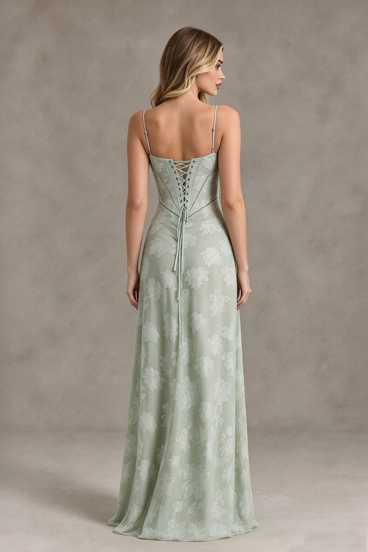 BOLODOO Sage Green Floral Lace Wedding Guest Dress Spaghetti Straps Prom Dress - Sage Green - Sage Green (2)