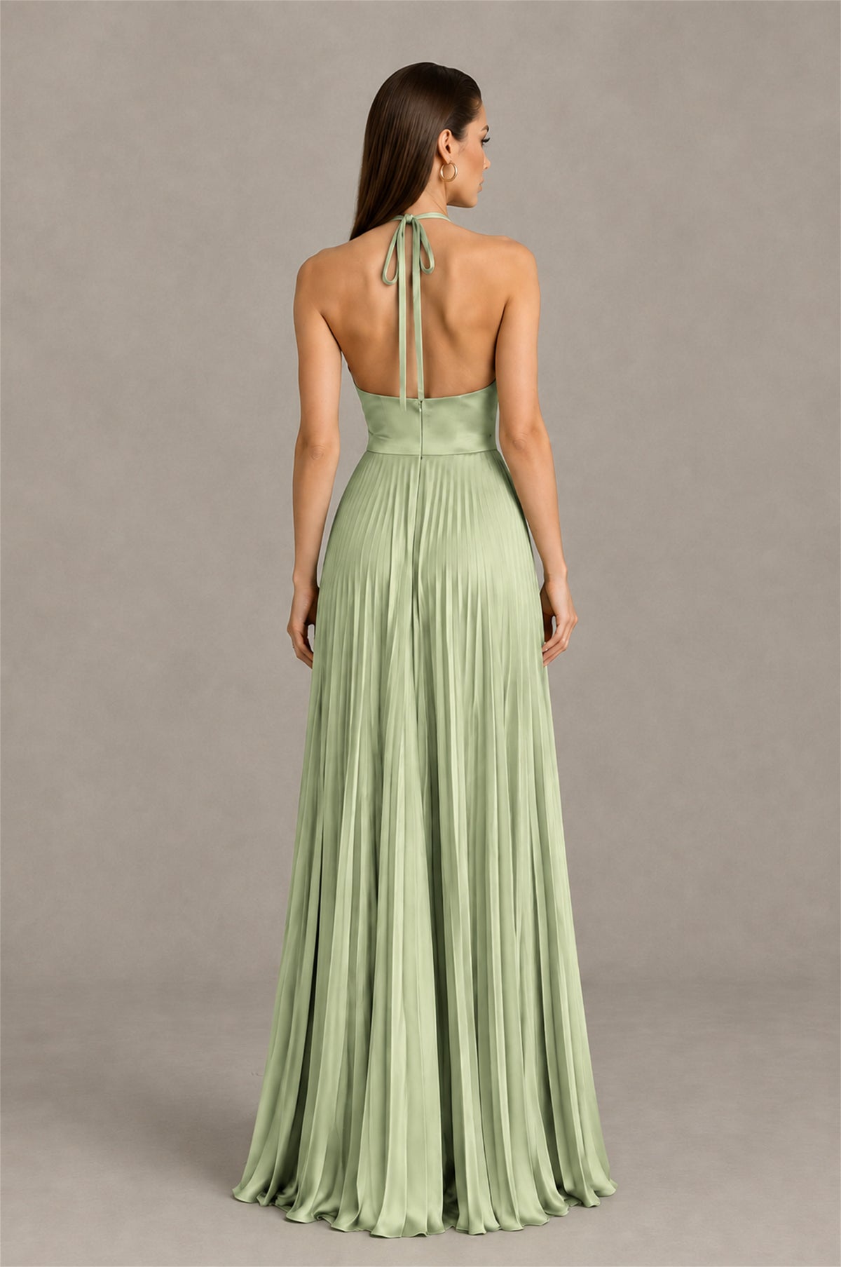 BOLODOO Sage Green Halter Pleated A-Line Evening Dress - Sage Green - Sage Green (2)