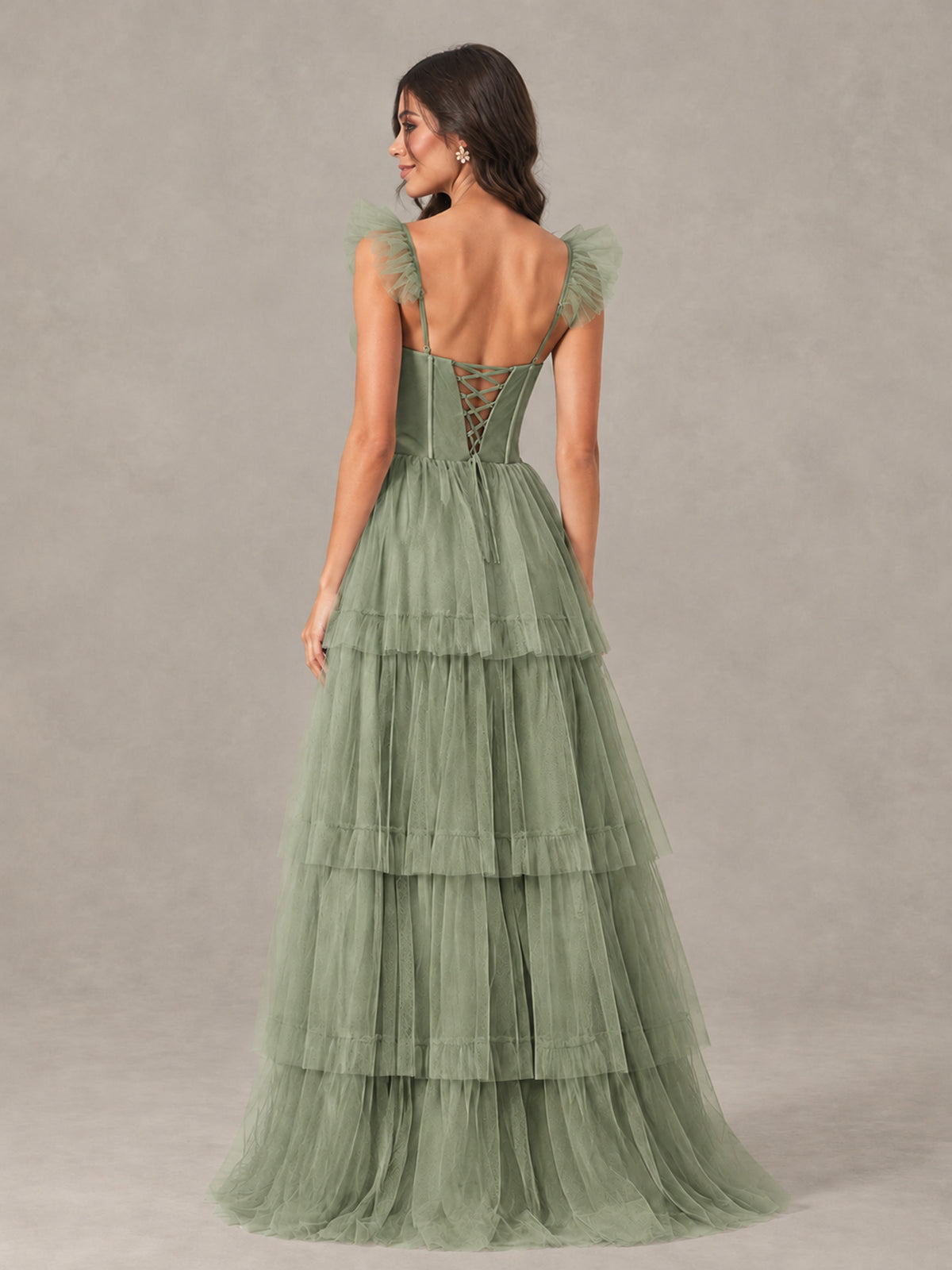 BOLODOO Sage Green Tiered Tulle Bridesmaid Dress with Slit - Sage Green - Sage Green (2)