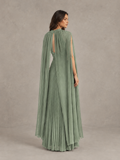 BOLODOO Sage Green Pleated Cape Maxi Wedding Guest Dress - Sage Green - Sage Green (2)