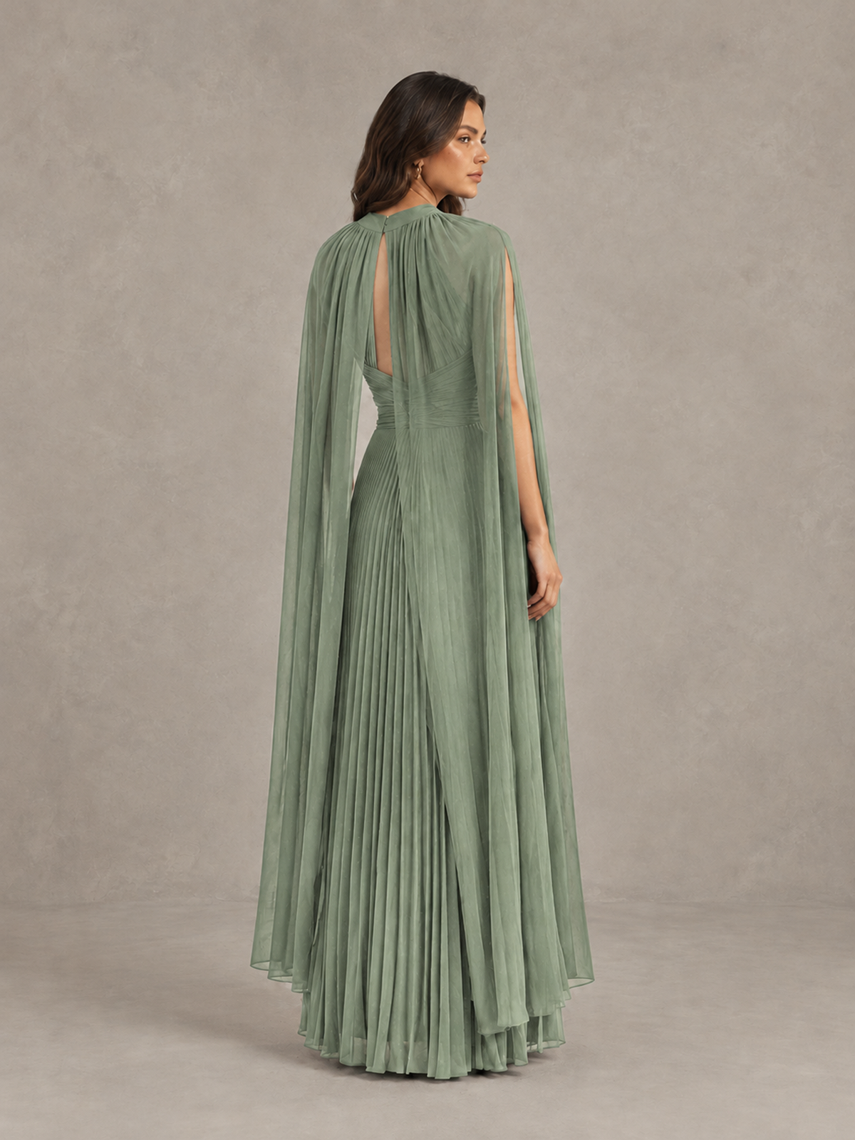 BOLODOO Sage Green Pleated Cape Maxi Wedding Guest Dress - Sage Green - Sage Green (2)