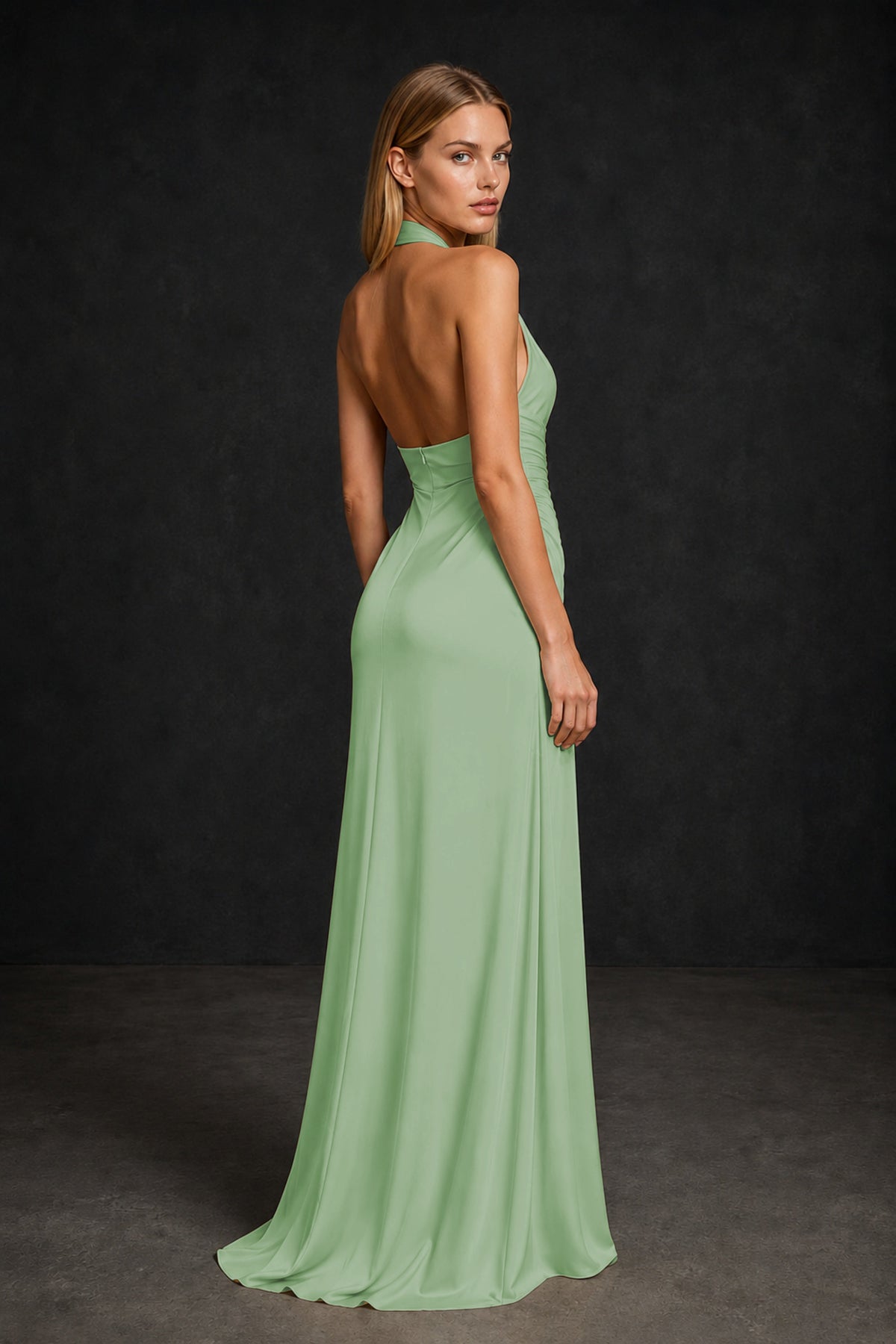 BOLODOO Sage Green Twisted Halter Neck Ruched Sleeveless Open Back Floor-Length Gown - Sage Green