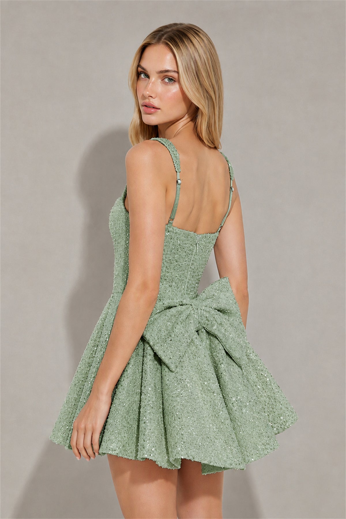 BOLODOO Sage Green Sequin Square Neck Wide Strap Bow Waist Open Back Fit and Flare Mini Dress | Prom Birthday Party Dress - Sage Green