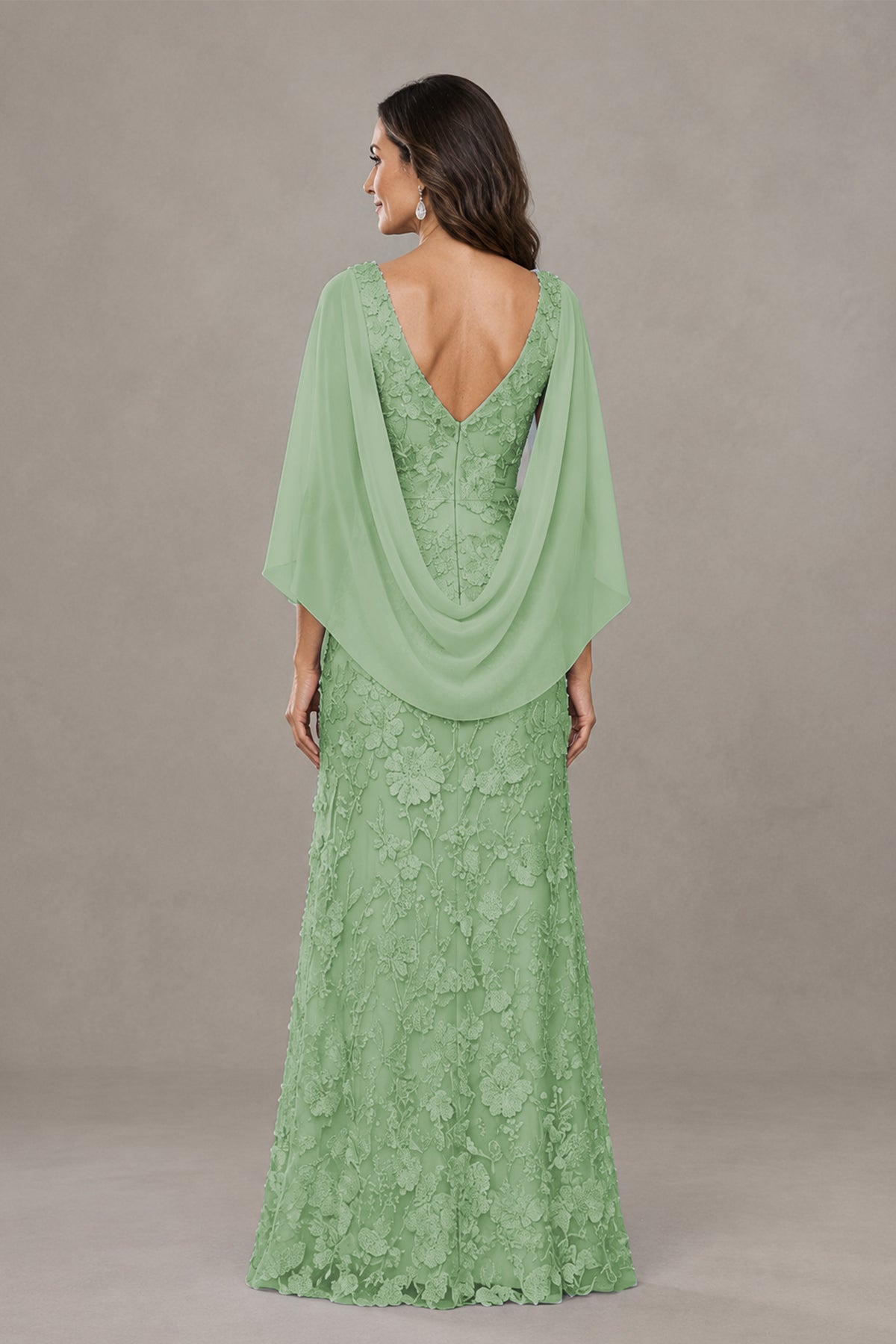 BOLODOO Sage Green Lace Mother of the Bride Dress with Cape Sleeves - Sage Green