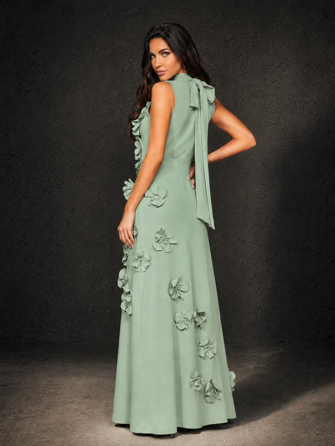 BOLODOO Sage Green Mock Neck Sleeveless 3D Floral Appliqué Maxi Dress with Bow Back - Sage Green