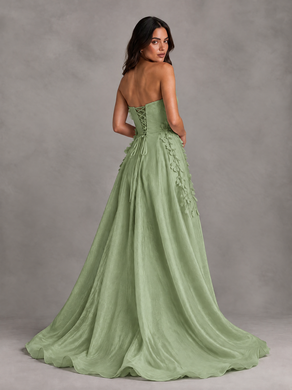 BOLODOO Sage Green Strapless Floral Applique Prom Dress with Overskirt - Sage Green - Sage Green (2)