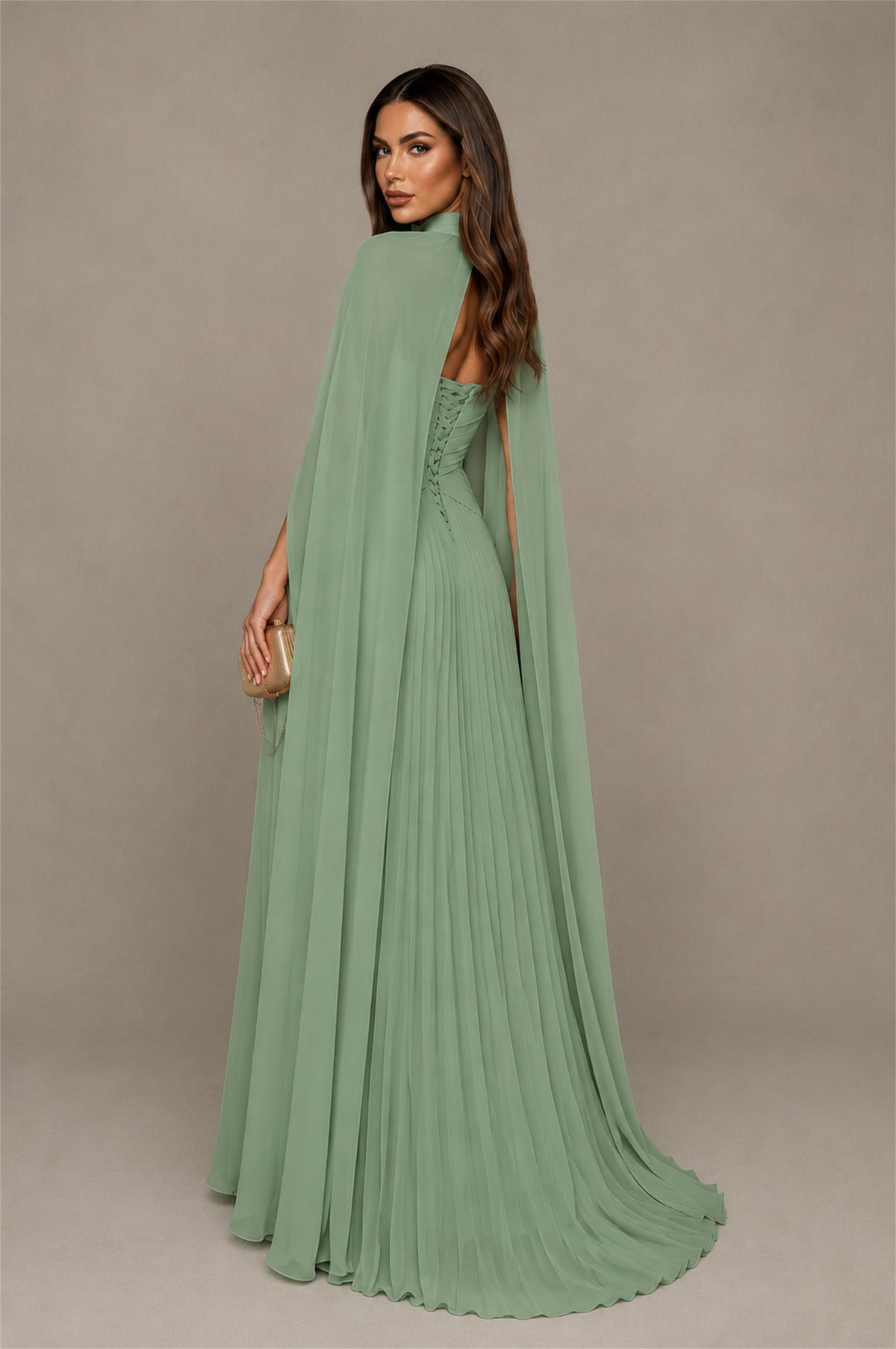 BOLODOO Sage Green Strapless Crossover Ruched Bodice Detached Turtleneck Cape Lace-Up Back Pleated Chiffon Maxi Dress - Sage Green