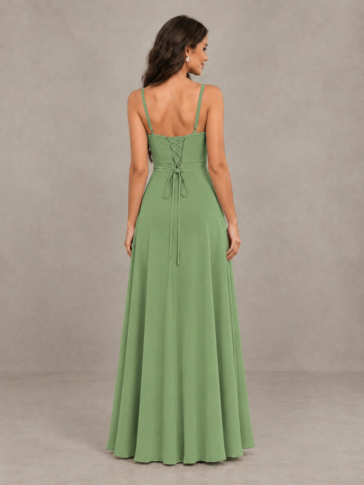 BOLODOO Sage Green Spaghetti Strap Ruffle Bridesmaid Dress with Slit - Sage Green - Sage Green (2)