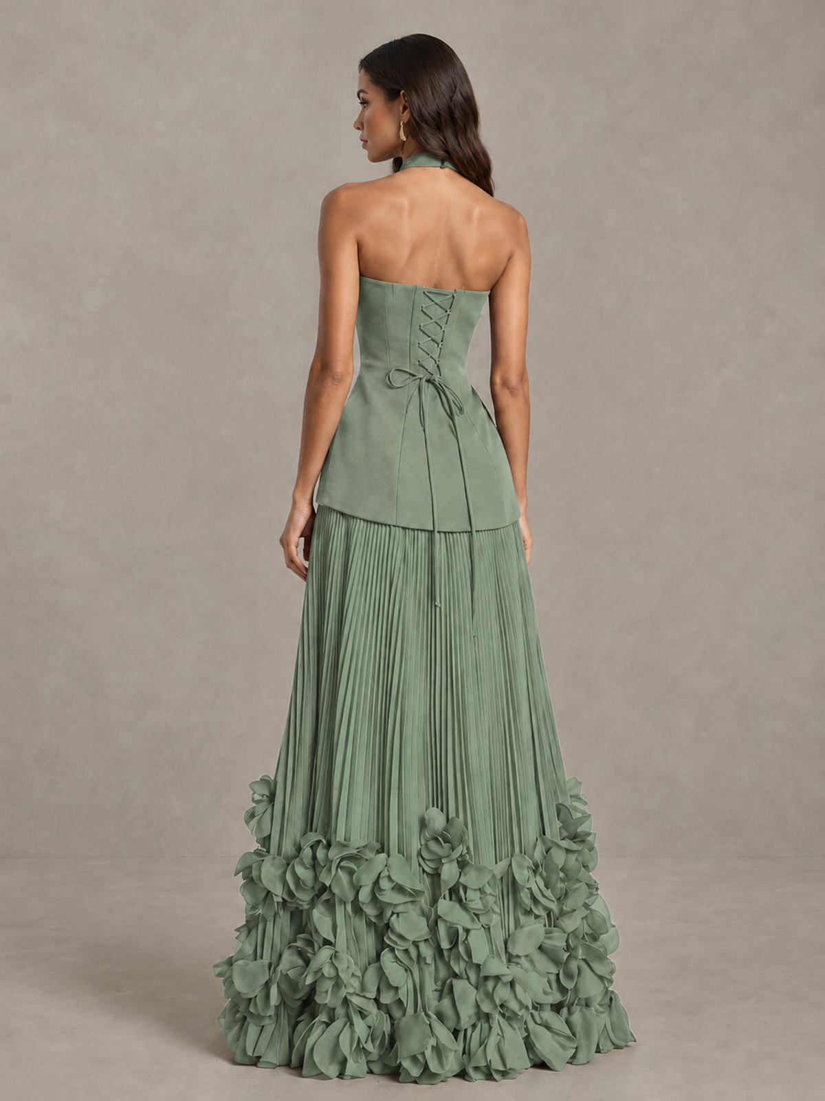BOLODOO Sage Green Halter Neck Floor-Length Evening Gown with High Slit & 3D Floral Hem - Sage Green - Sage Green (2)