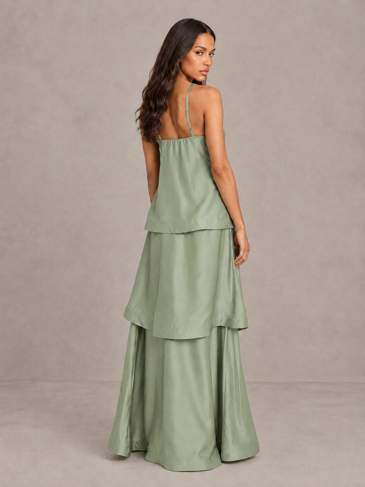 BOLODOO Sage Green Satin Tiered Maxi Dress with Spaghetti Straps - Sage Green
