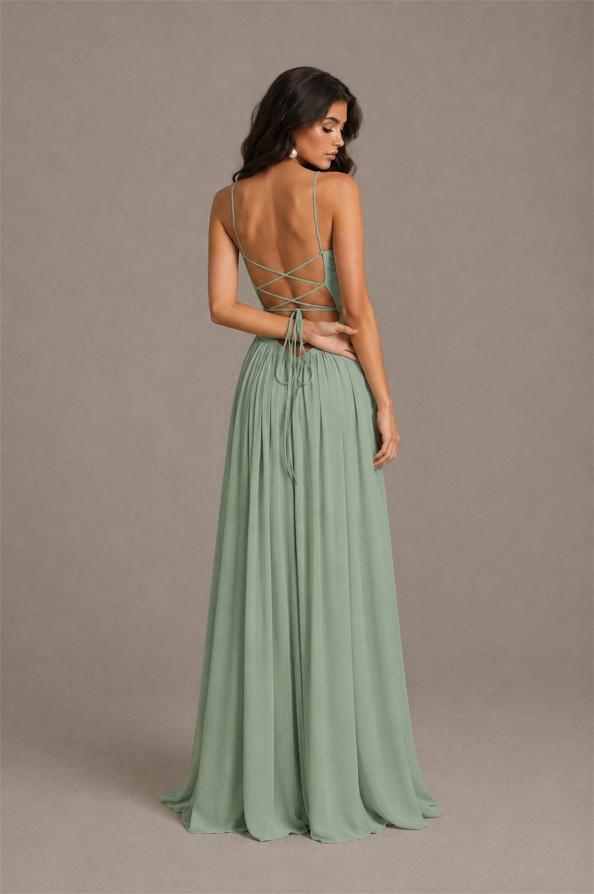 BOLODOO Sage Green Spaghetti Strap Square Neck Ruched Chiffon Maxi Dress with Lace-Up Back - Sage Green