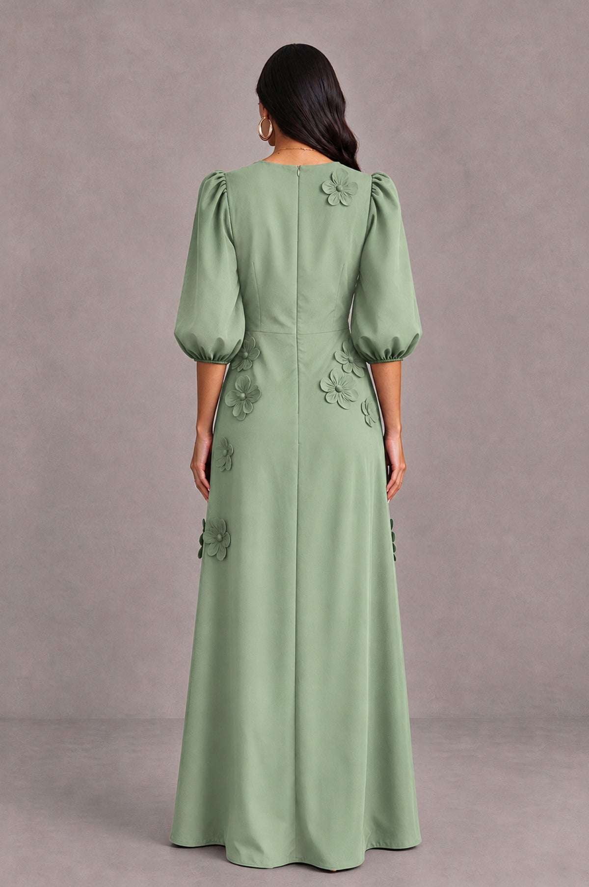 BOLODOO Sage Green Floral Applique Puff Sleeve A-Line Evening Dress - Sage Green - Sage Green (2)