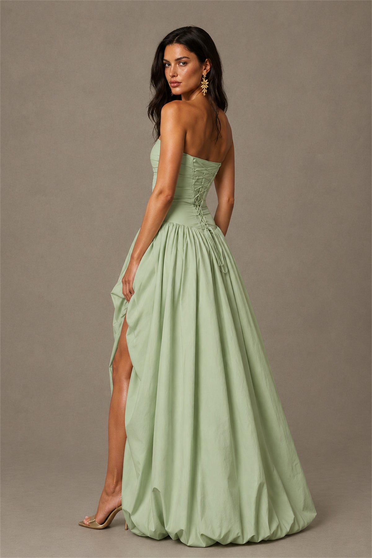 BOLODOO Sage Green Strapless Ruched Corset Lace-Up Back Bubble Skirt High Slit Taffeta Maxi Dress - Sage Green