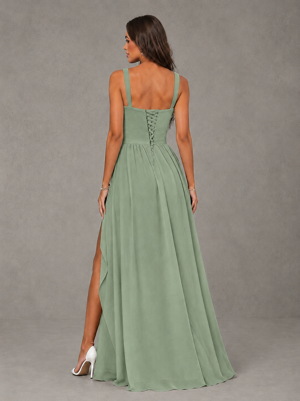 BOLODOO Sage Green A-Line Bridesmaid Dress with High Slit & Lace-Up Back - Sage Green - Sage Green (2)