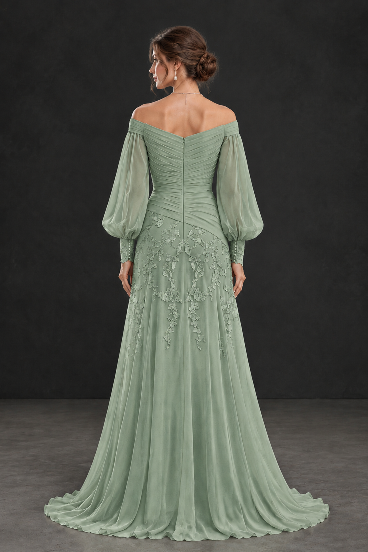 BOLODOO Sage Green Long Sleeve Mother of the Bride Dress with Floral Appliqués - Sage Green - Sage Green (2)