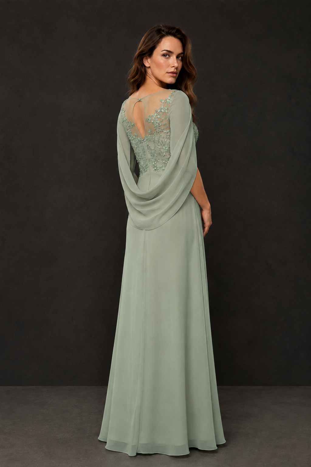 BOLODOO Sage Green Illusion Lace One-Side Cape Sleeve Beaded Chiffon Floor Length Gown | Mother of the Bride Evening Dress - Sage Green