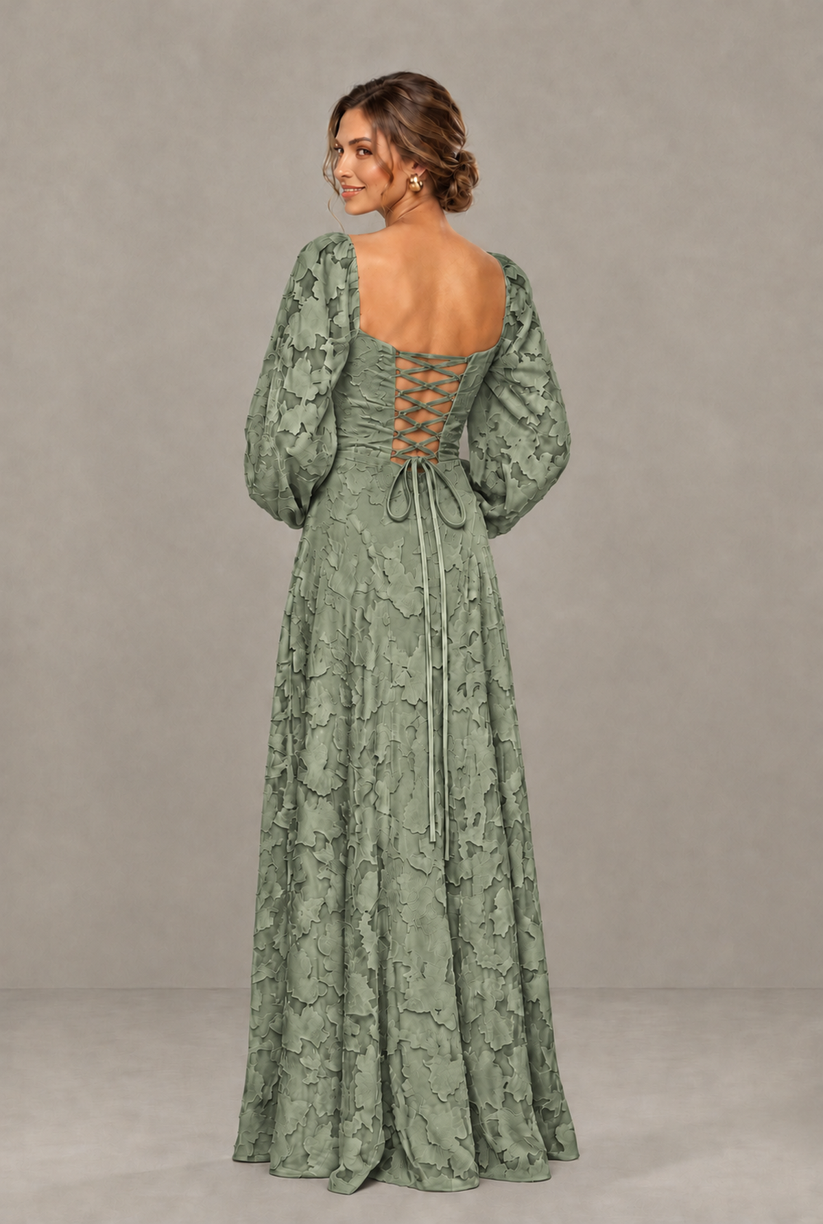 BOLODOO Floral Sage Green Long Sleeve A-Line Dress with Lace-Up Back - Sage Green