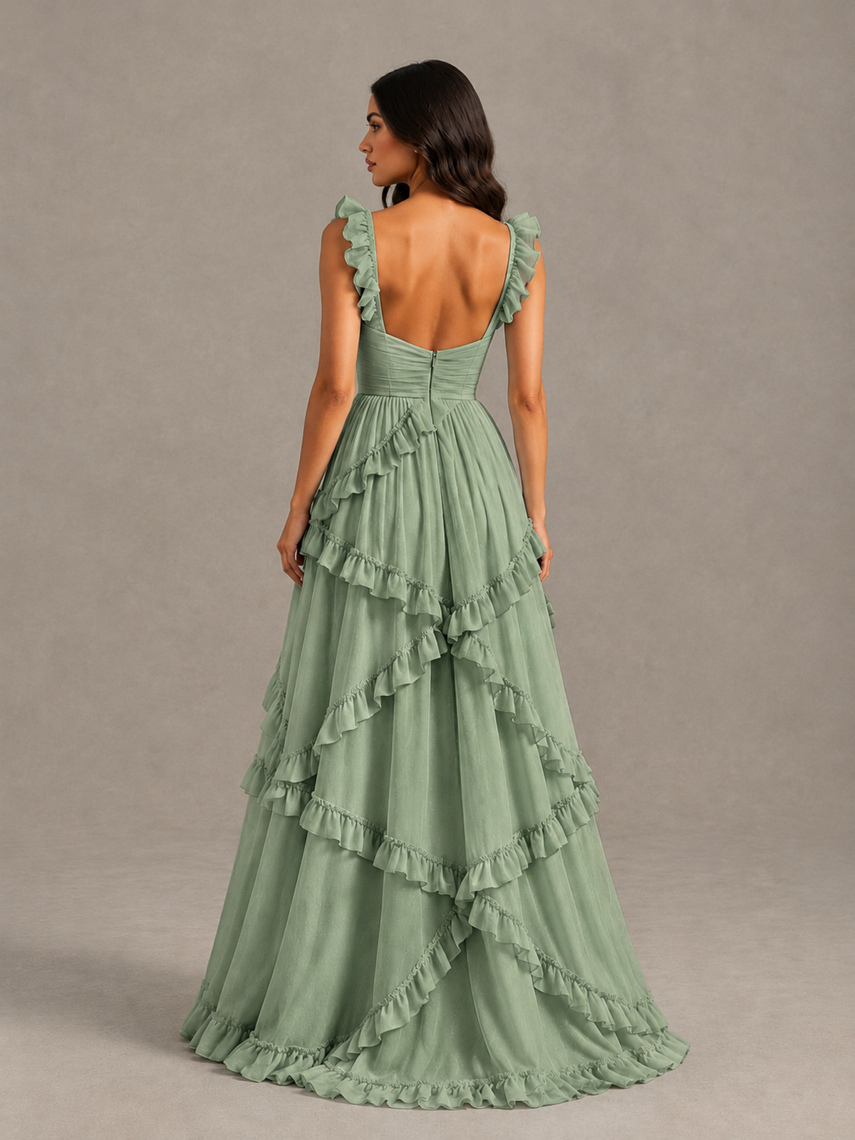 BOLODOO Sage Green Ruffle A-Line Prom Dress with Open Back - Sage Green - Sage Green (2)