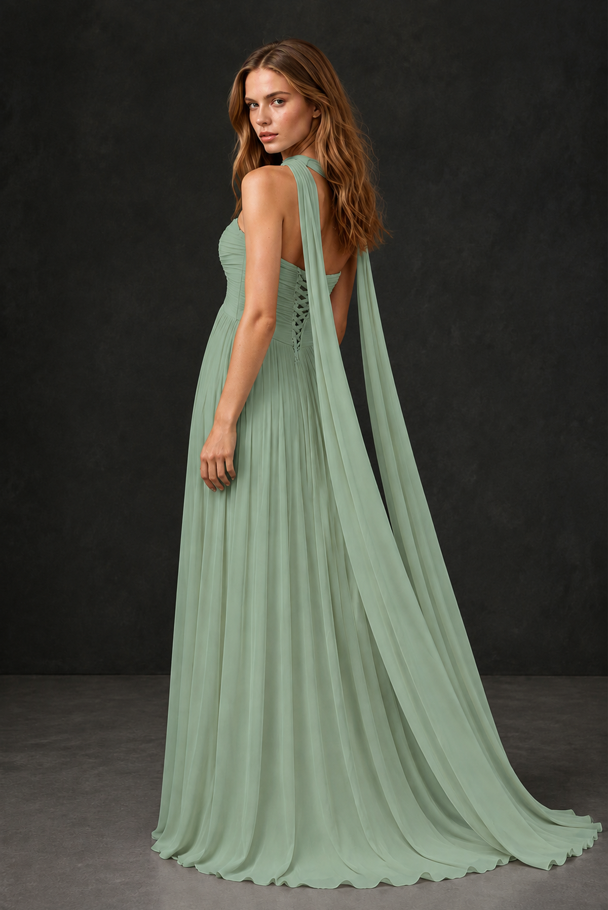 BOLODOO Sage Green Sweetheart Strapless Twist Knot Detached Halter Scarf Lace-Up Back Empire Waist Chiffon Maxi Dress - Sage Green