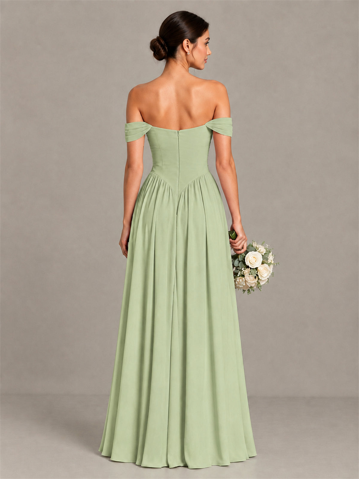 BOLODOO Sage Green Off-Shoulder Chiffon A-Line Bridesmaid Dress - Sage Green