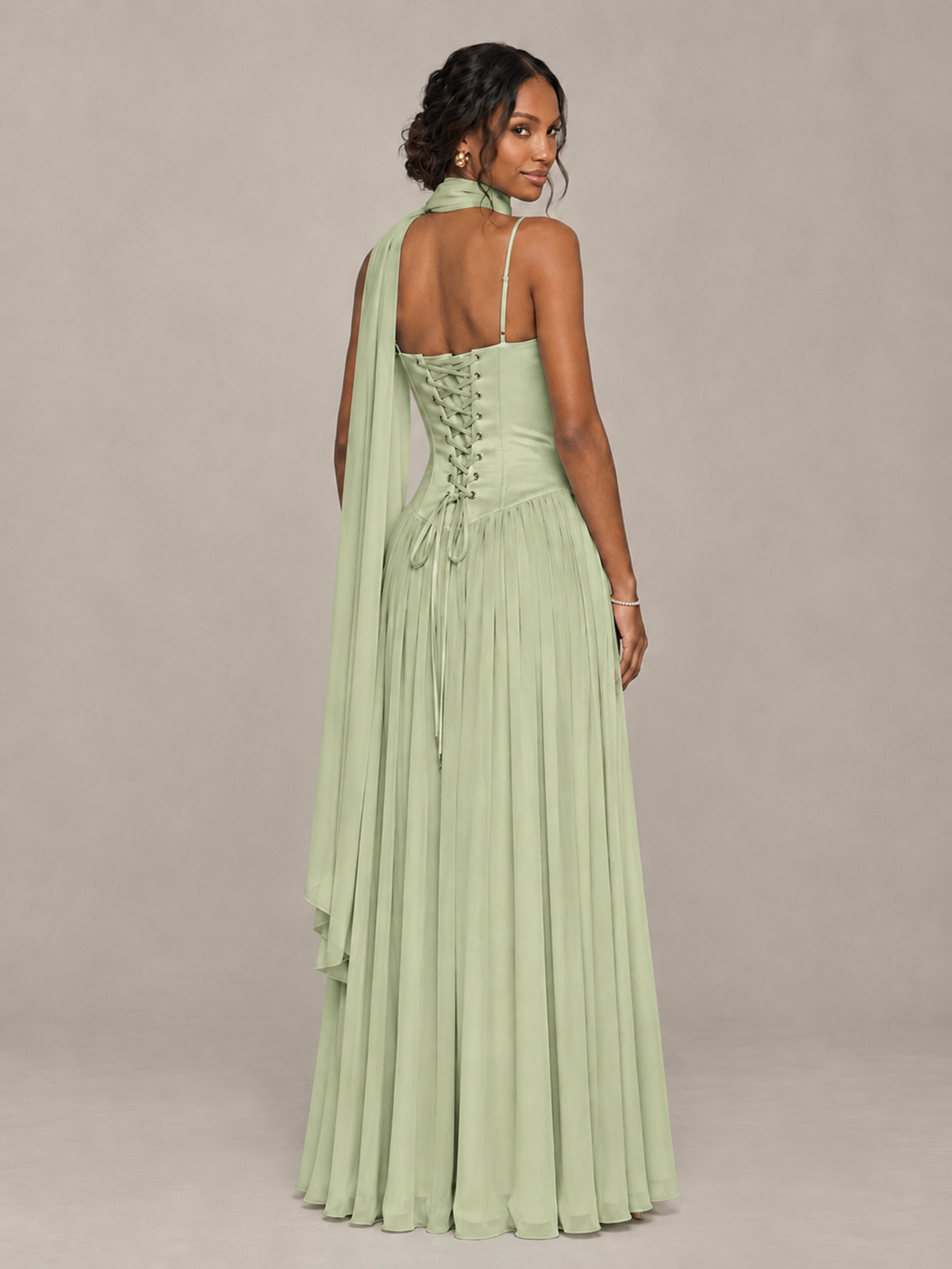 BOLODOO Sage Green Corset Bridesmaid Dress with Scarf - Sage Green - Sage Green (2)