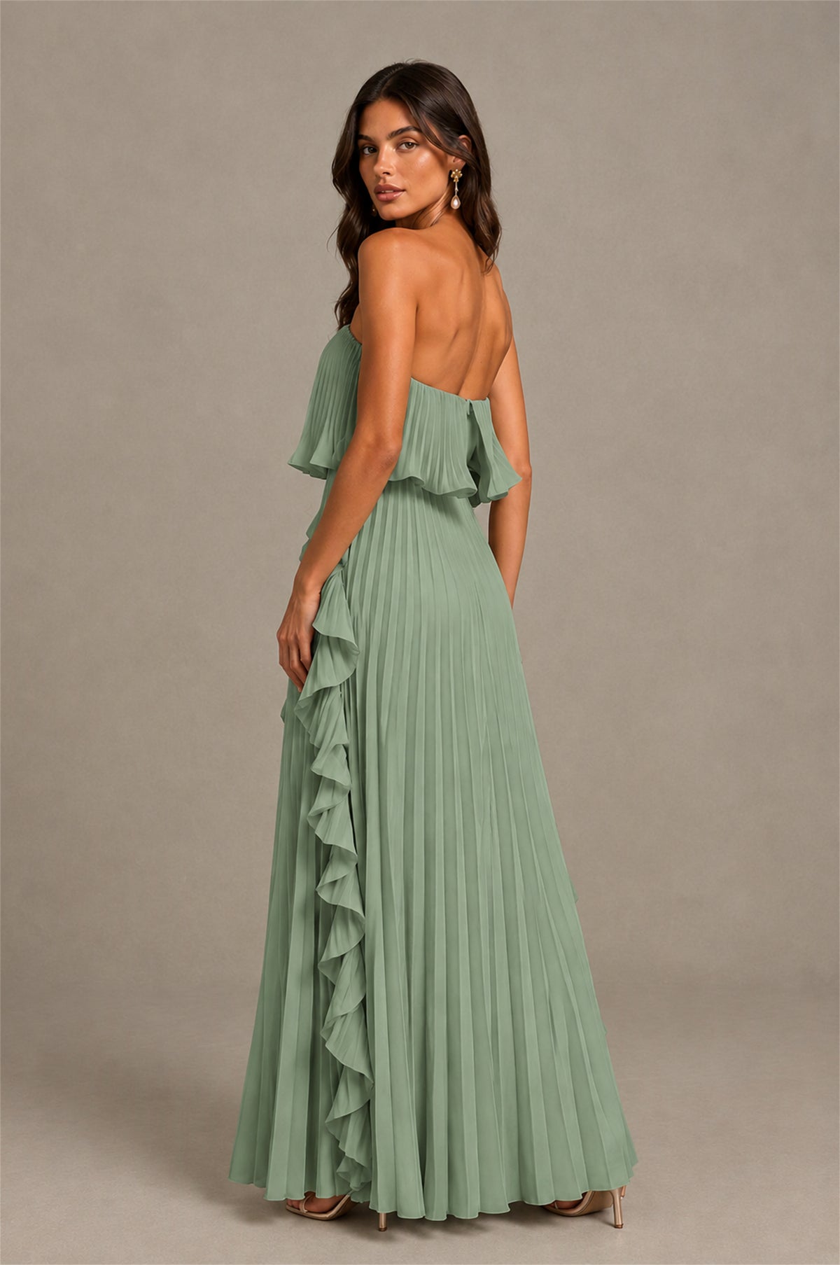 BOLODOO Sage Green Strapless Ruffle Bodice Dual Cascading Ruffle Accordion Pleated Chiffon Maxi Dress - Sage Green