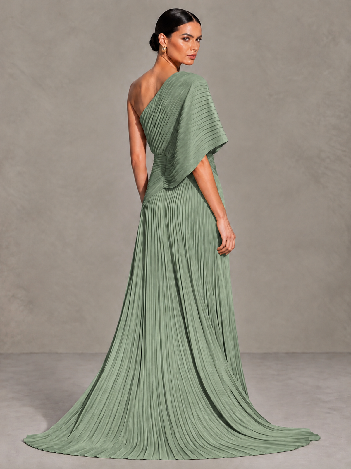 BOLODOO Sage Green One-Shoulder Pleated Cape Evening Gown with Train - Sage Green - Sage Green (2)