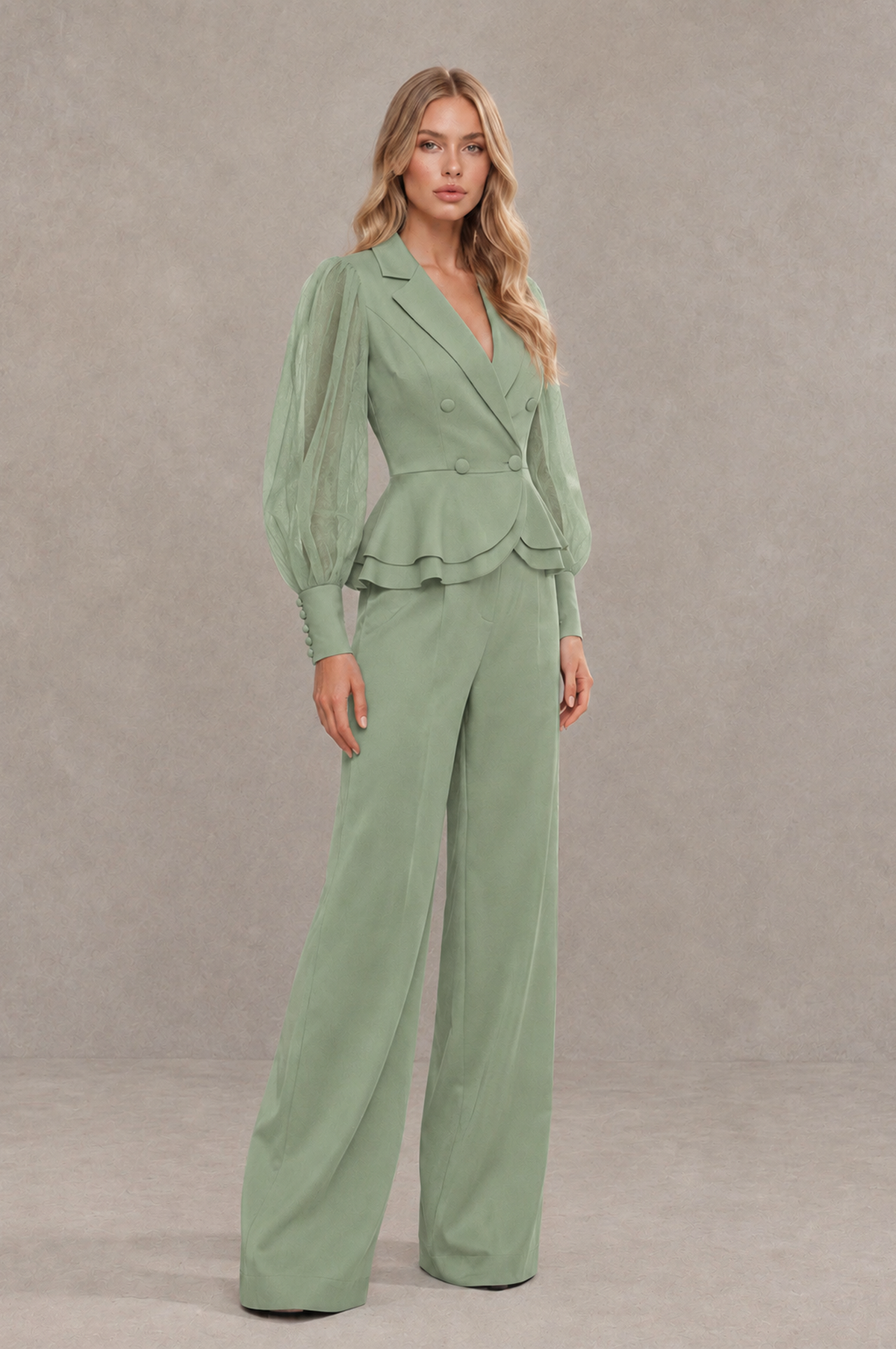 BOLODOO Mint Sage Green Peplum Blazer Wide-Leg Pantsuit with Sheer Puff Sleeves - Sage Green