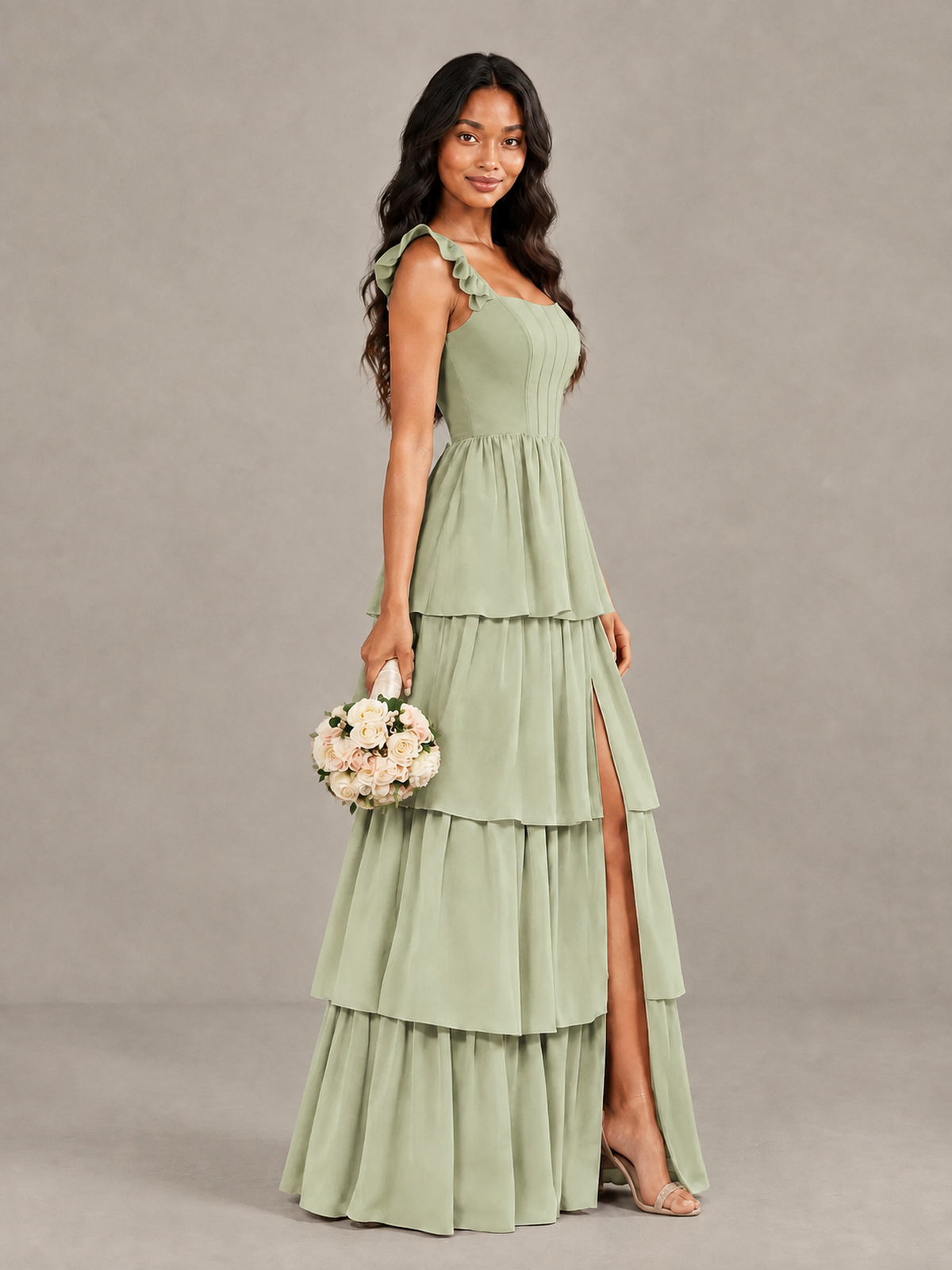 BOLODOO Sage Green Tiered Maxi Bridesmaid Dress with Slit - Sage Green