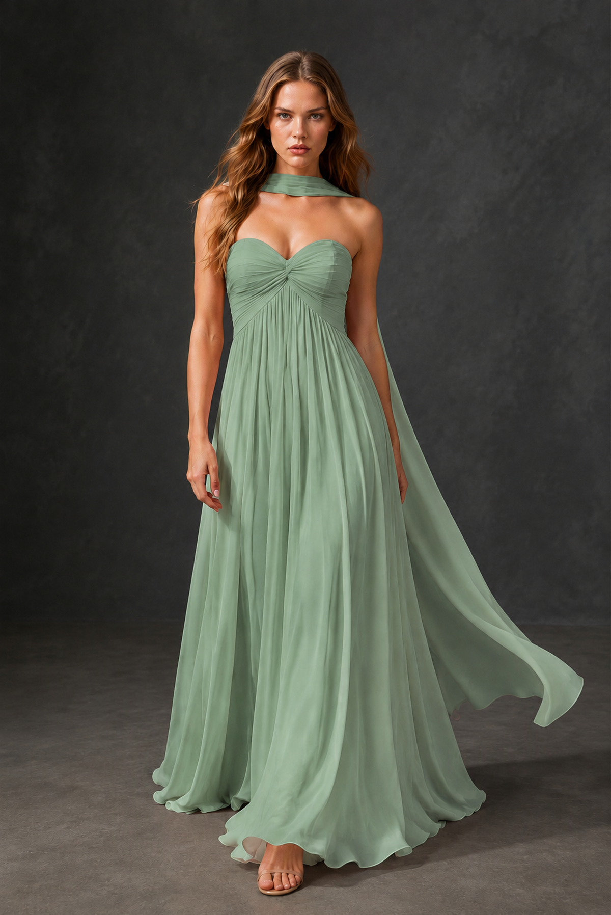 BOLODOO Sage Green Sweetheart Strapless Twist Knot Detached Halter Scarf Lace-Up Back Empire Waist Chiffon Maxi Dress - Sage Green