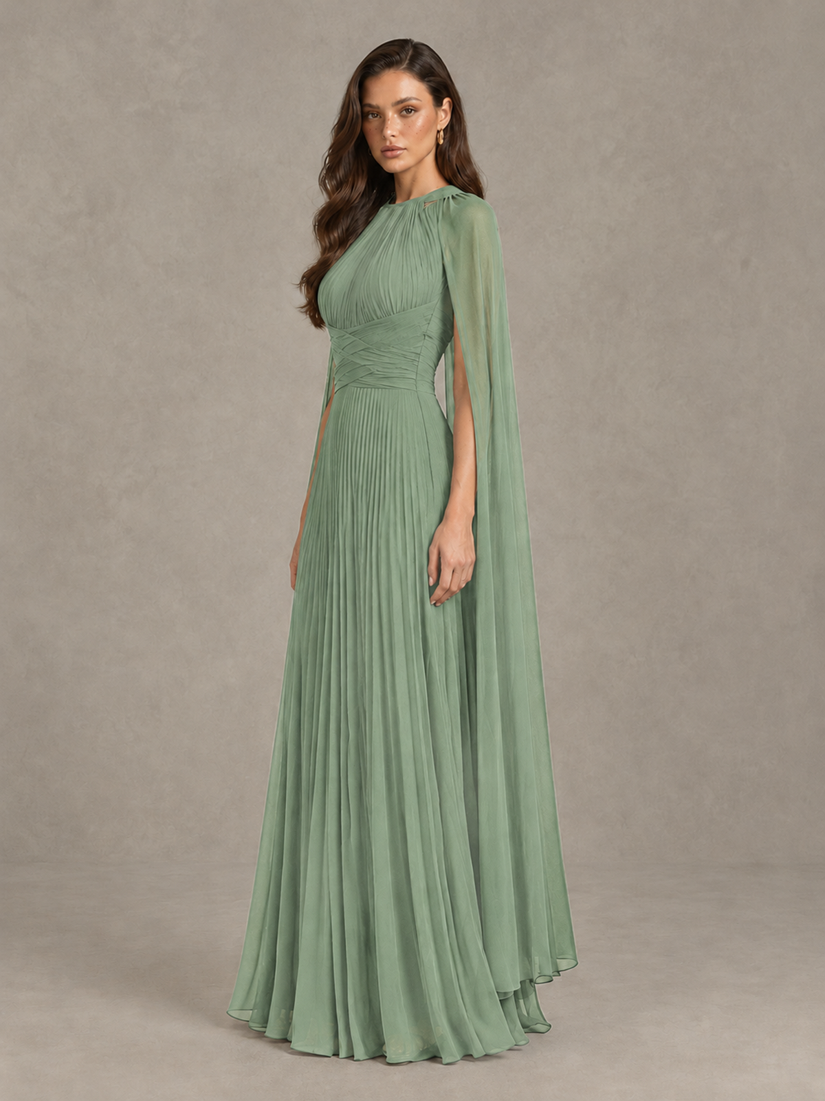 BOLODOO Sage Green Pleated Cape Maxi Wedding Guest Dress - Sage Green - Sage Green (3)