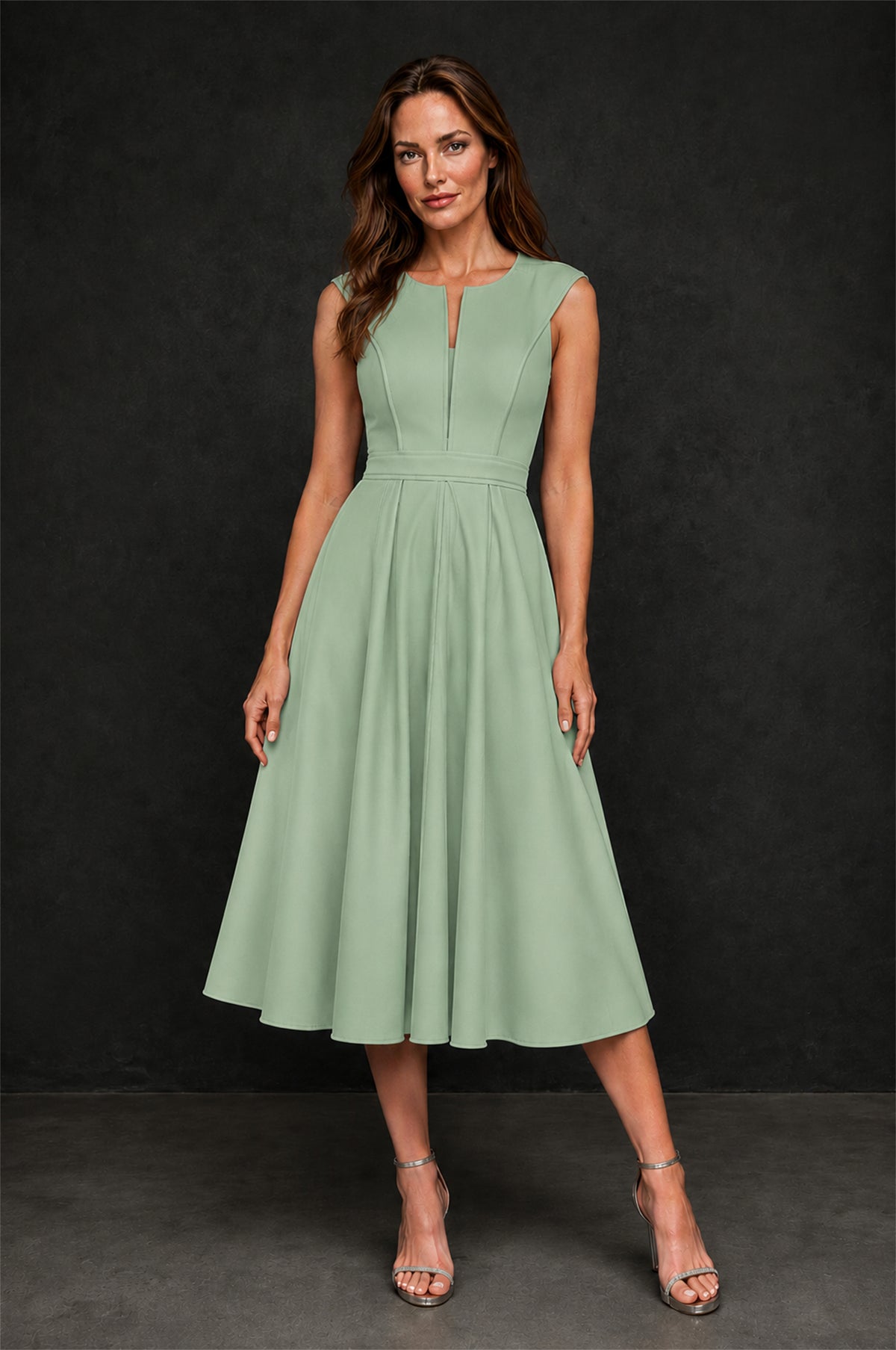 BOLODOO Sage Green 3D Rosette Appliqué 3/4 Sleeve Jacket & V-Notch Sleeveless A-Line Tea-Length Two-Piece Dress Set - Sage Green