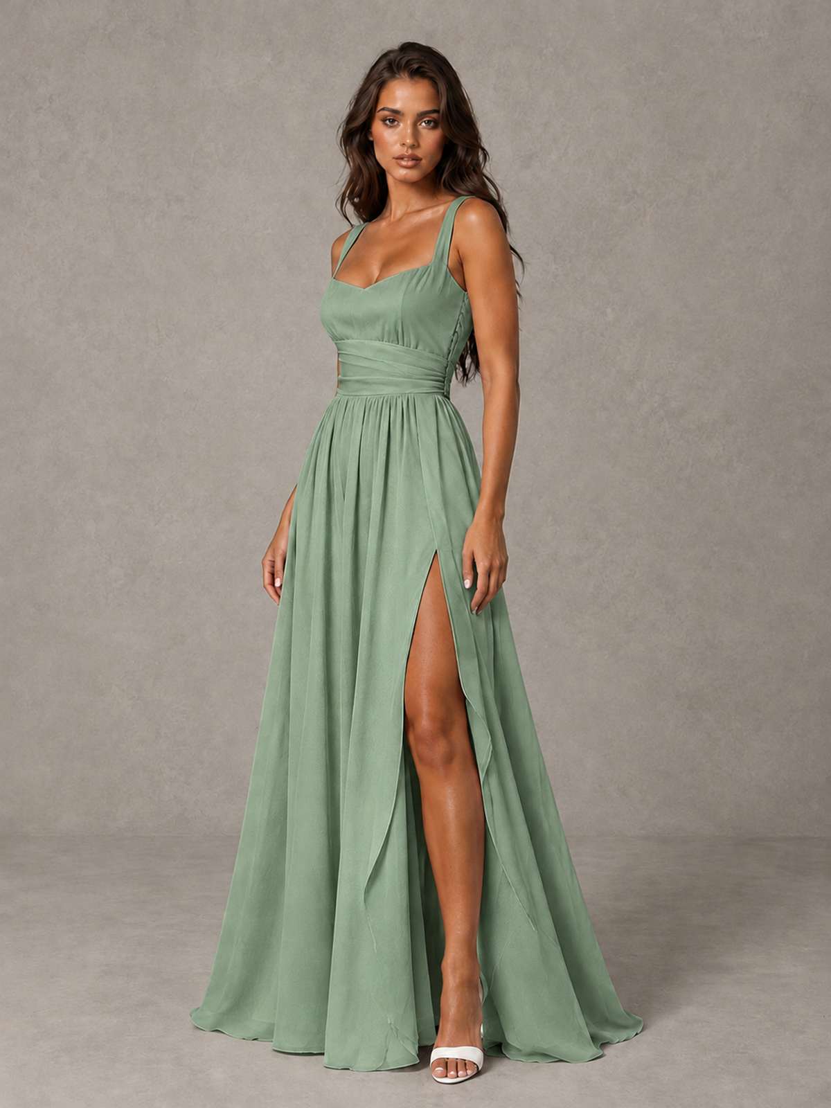 BOLODOO Sage Green A-Line Bridesmaid Dress with High Slit & Lace-Up Back - Sage Green - Sage Green (3)