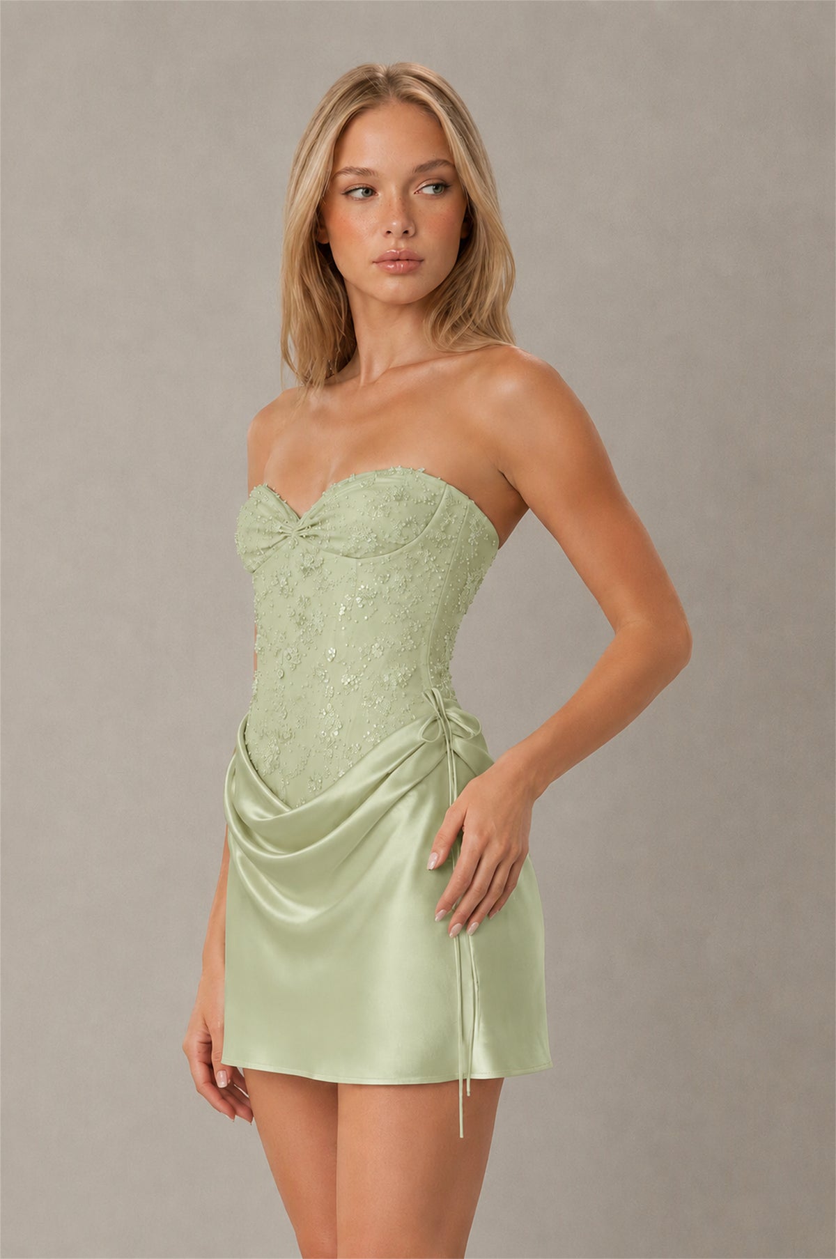 BOLODOO Sage Green Lace Corset Strapless Sweetheart Satin Mini Dress with Open Back - Sage Green