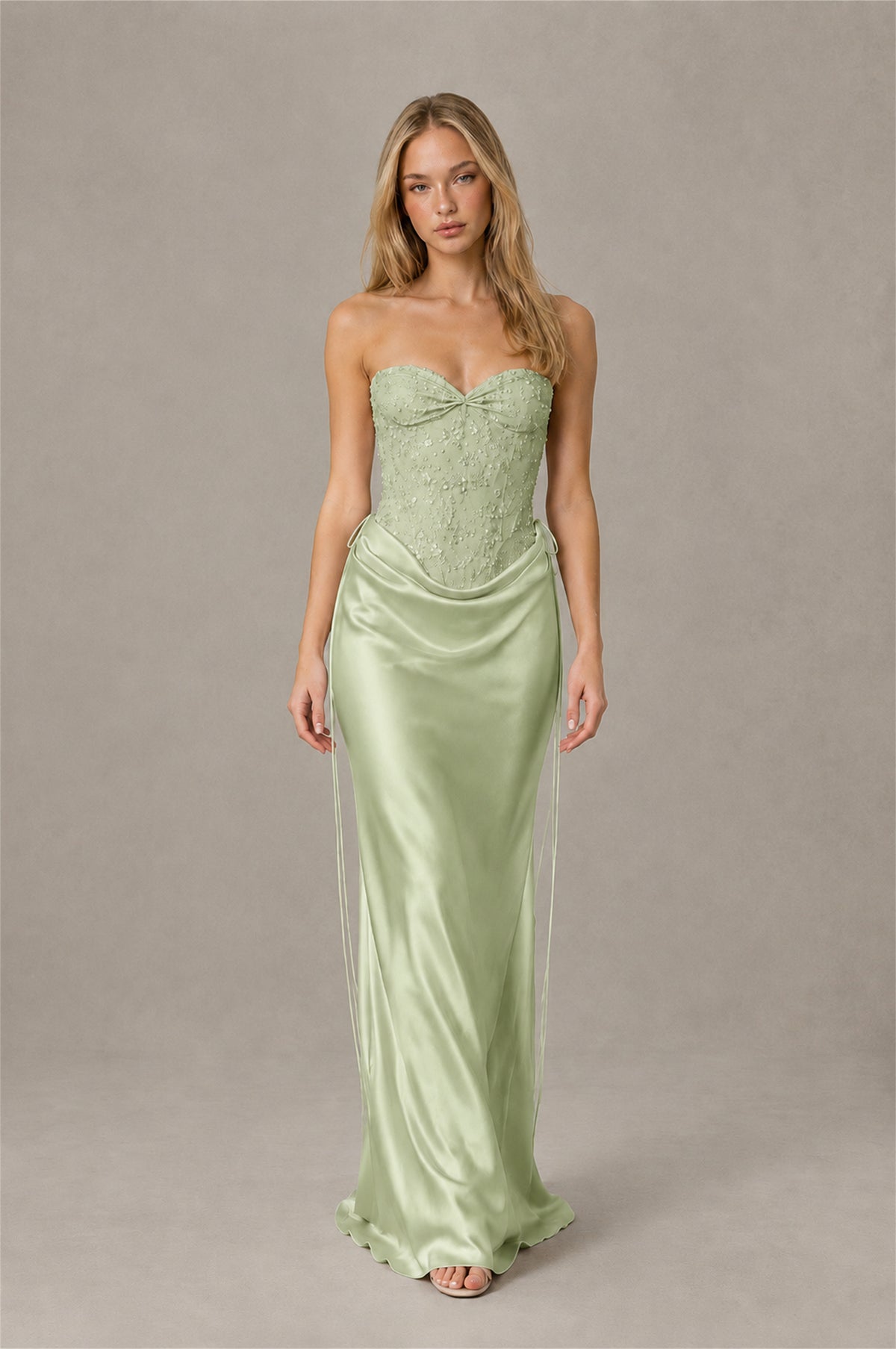 BOLODOO Sage Green Strapless Embellished Corset Satin-Look Maxi Dress - Sage Green