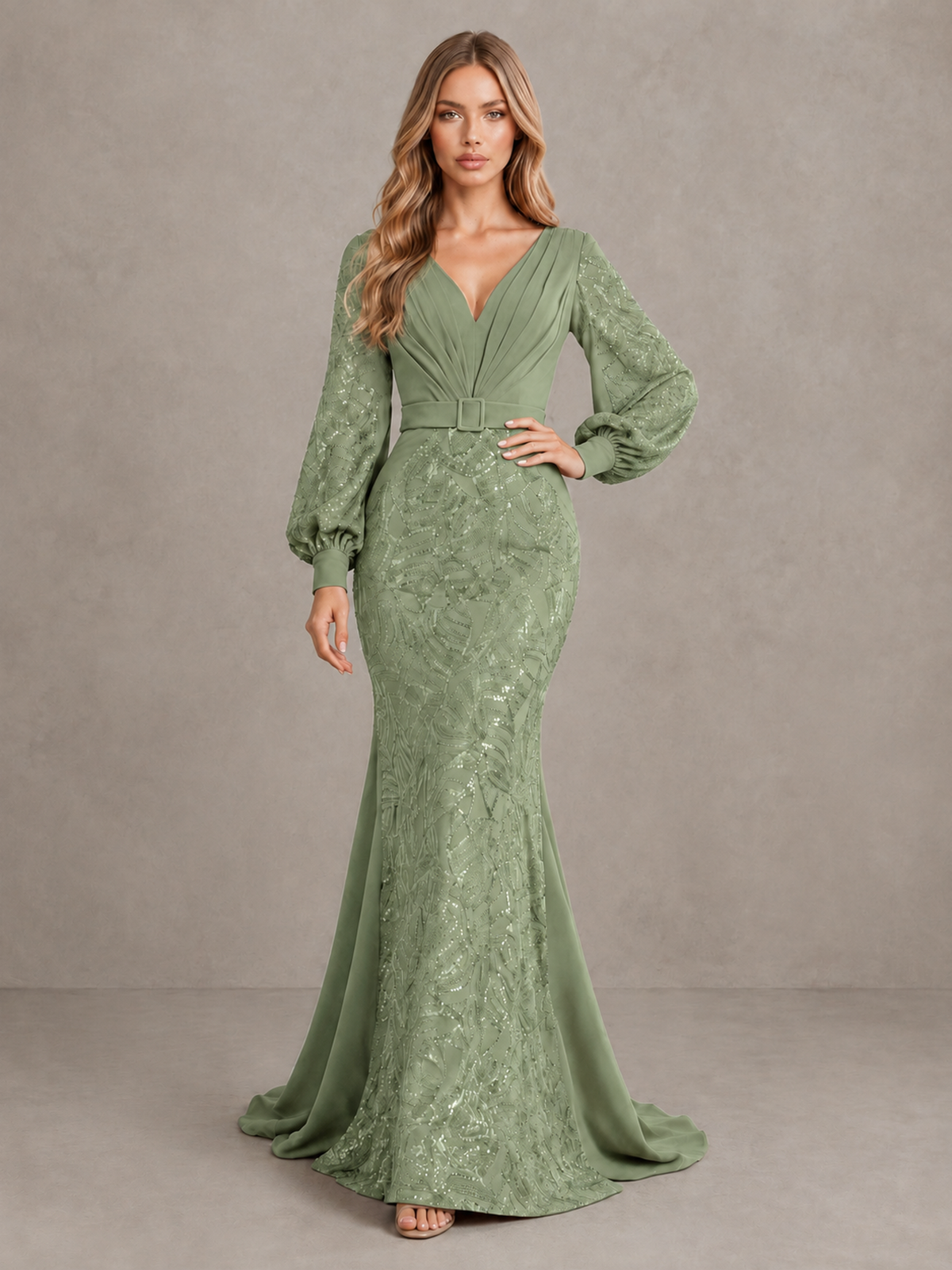 BOLODOO Sage Green Sequin Long Bishop Sleeve Mermaid Evening Dress - Sage Green - Sage Green (3)