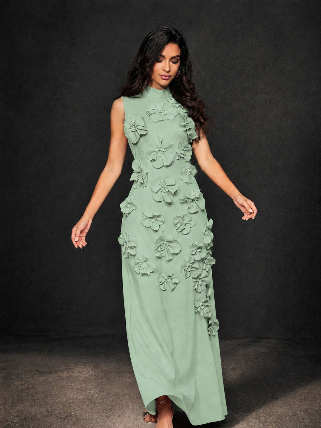 BOLODOO Sage Green Mock Neck Sleeveless 3D Floral Appliqué Maxi Dress with Bow Back - Sage Green