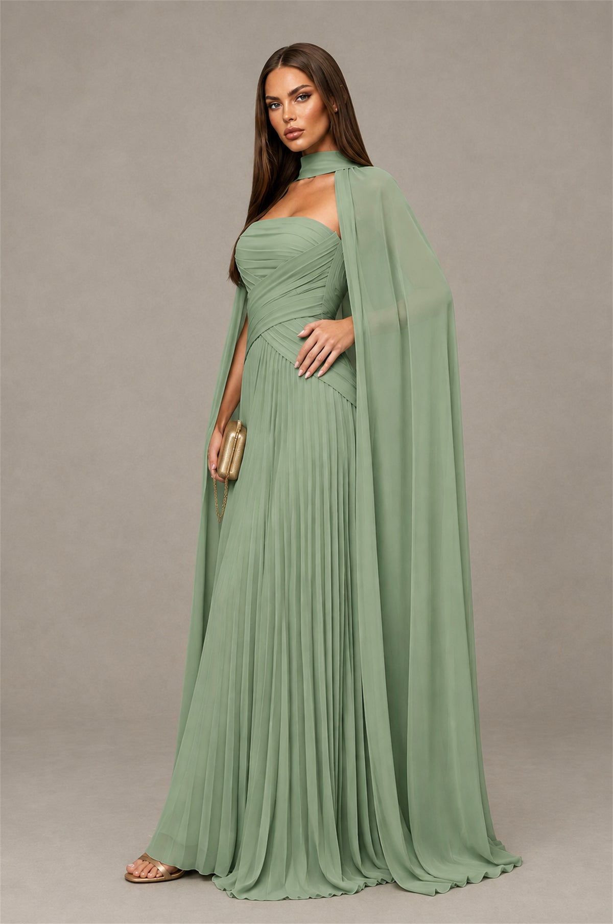 BOLODOO Sage Green Strapless Crossover Ruched Bodice Detached Turtleneck Cape Lace-Up Back Pleated Chiffon Maxi Dress - Sage Green