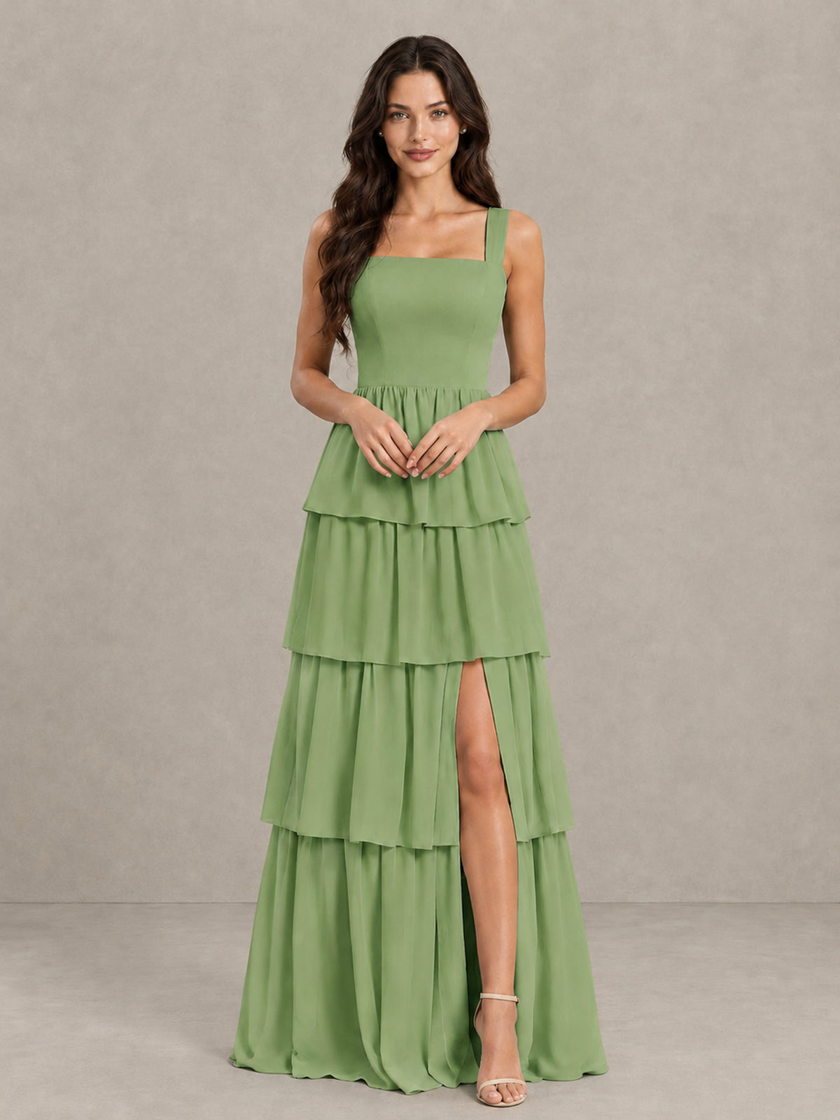 BOLODOO Sage Green Square Neck Tiered Bridesmaid Dress with Slit - Sage Green - Sage Green (3)