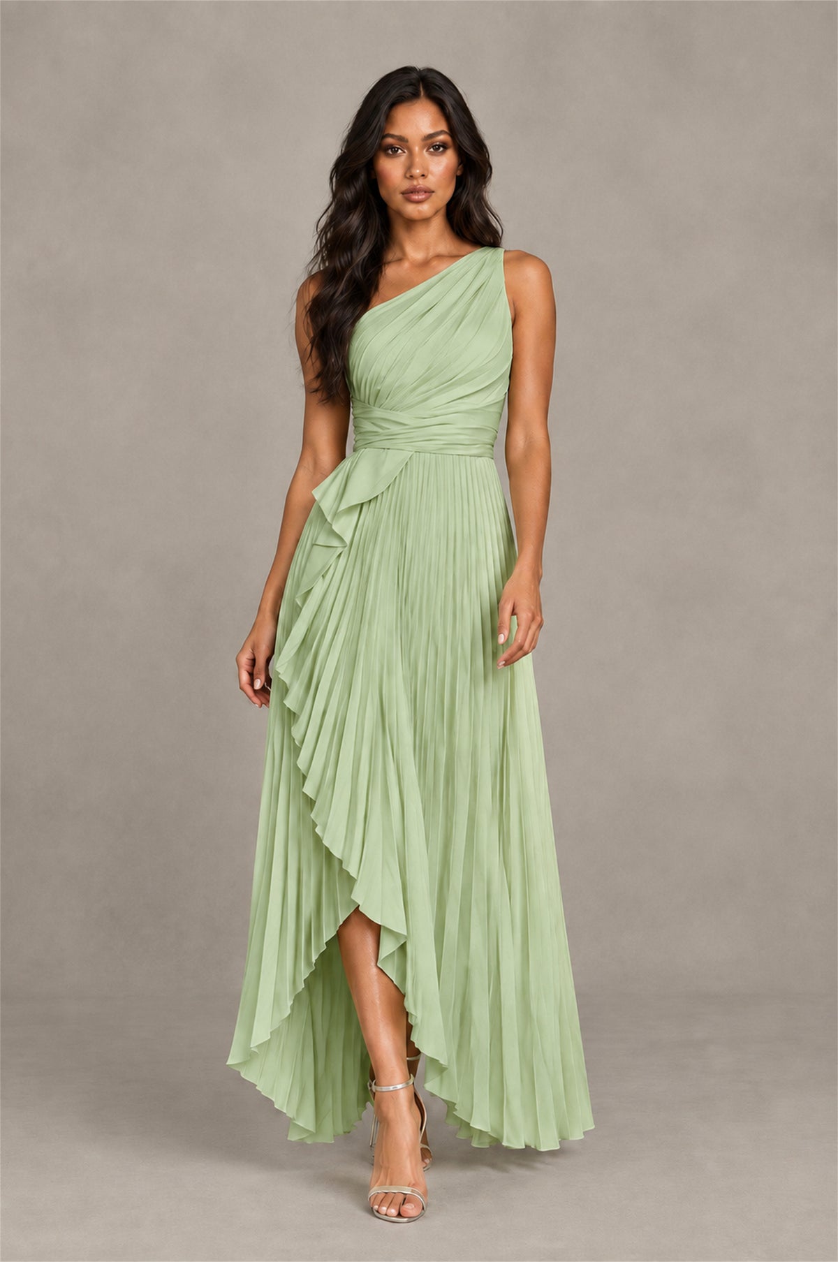 BOLODOO Sage Green One-Shoulder High-Low Ruffle Maxi Dress - Sage Green