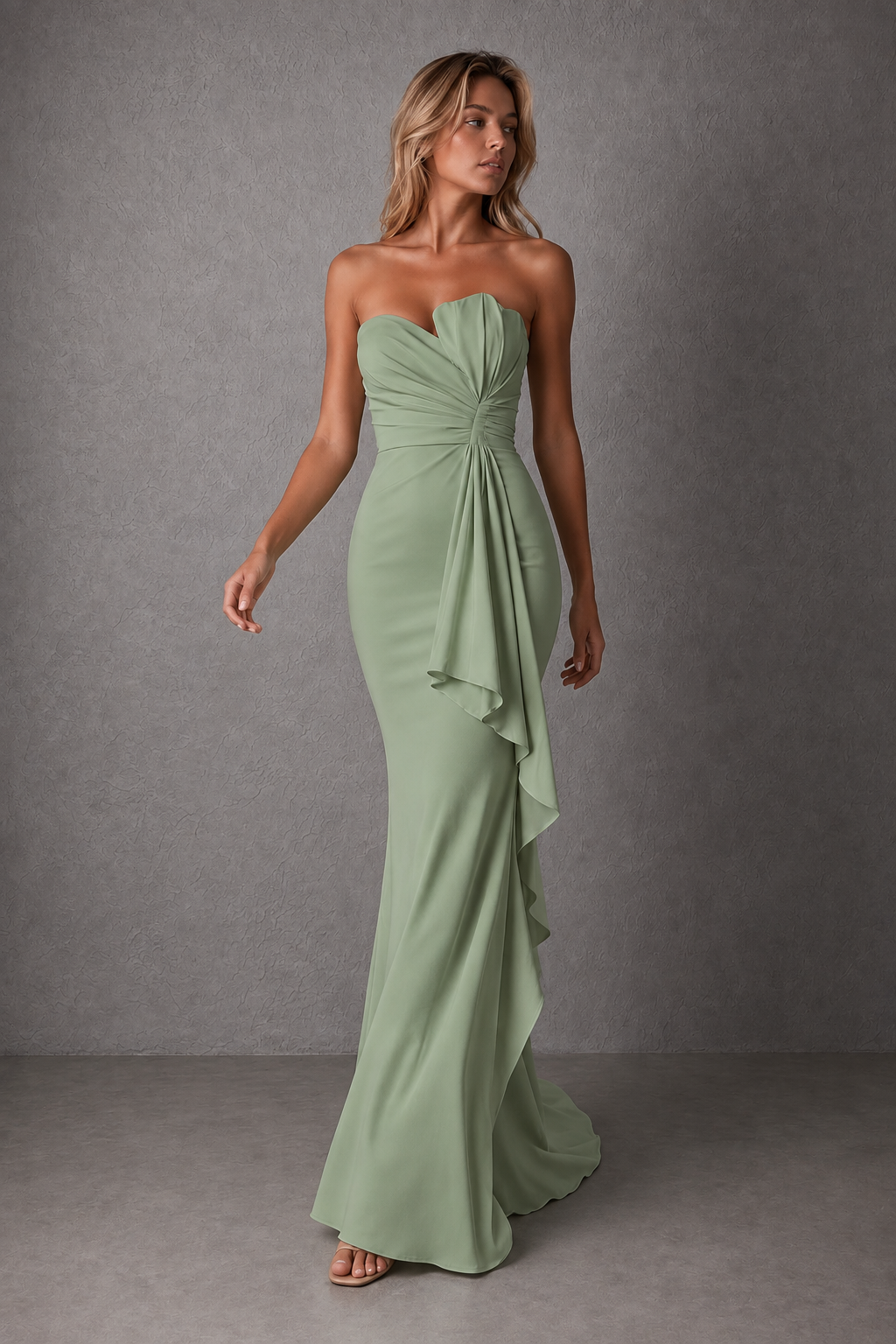 BOLODOO Sage Green Strapless Sweetheart Ruched Mermaid Gown | Cascade Drape Formal Evening Dress - Sage Green