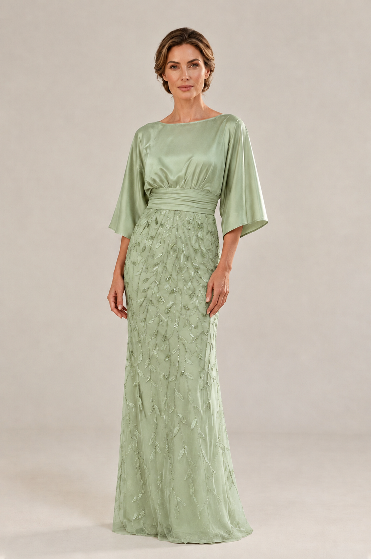 BOLODOO Sage Green Mother of the Bride Dress with Kimono Sleeves, Satin Bodice & Sequin Embroidered Mermaid Floor-Length Gown - Sage Green - Sage Green (3)