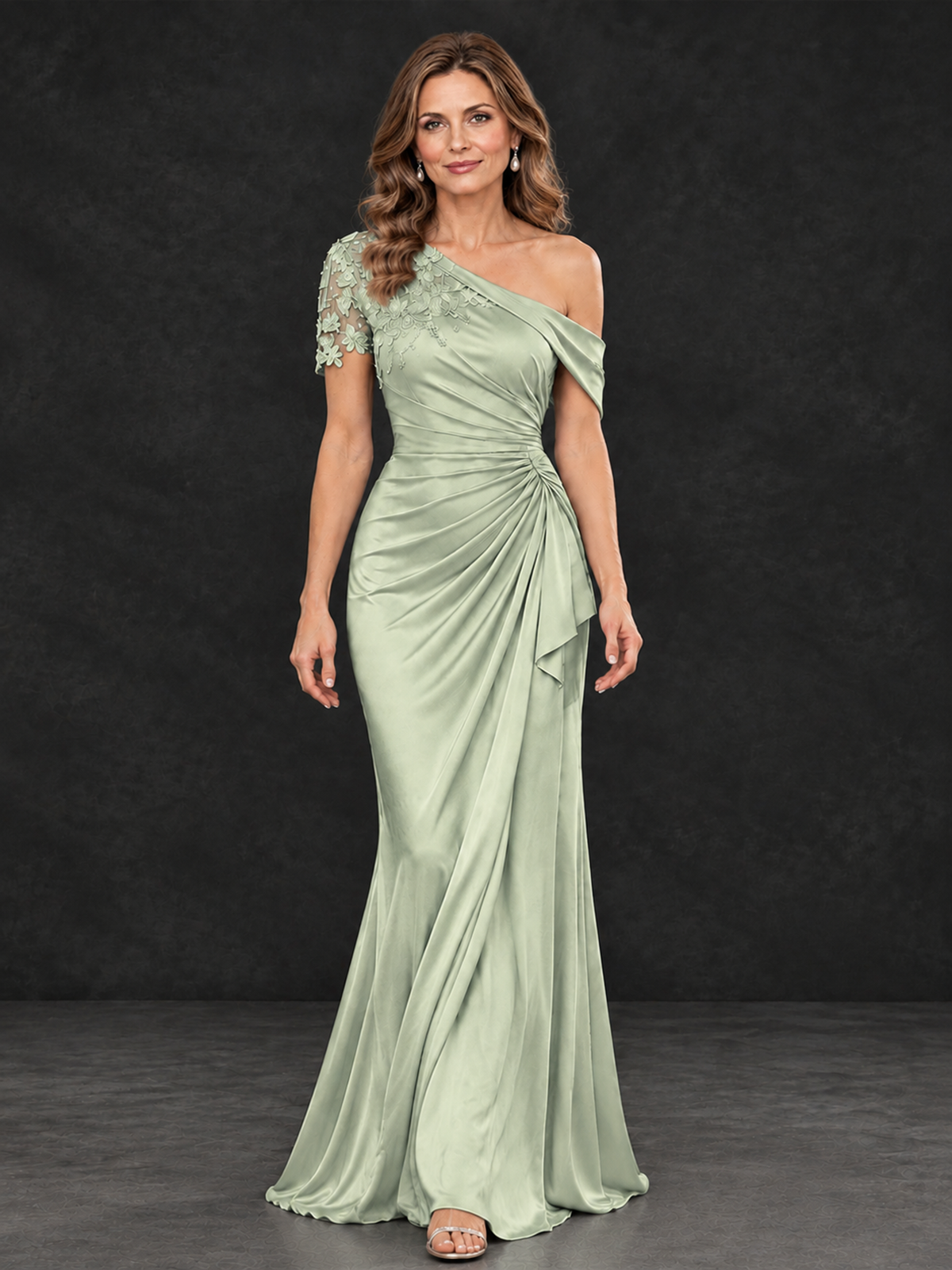 BOLODOO Sage Green Asymmetric Satin Mother of the Bride Dress with Lace Sleeve - Sage Green - Sage Green (3)